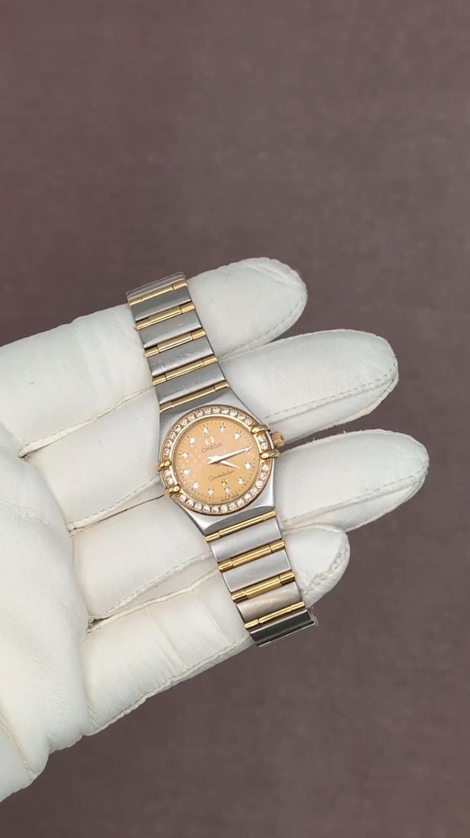 Montre pour dames Omega Constellation en or jaune 18K et acier inoxydable avec diamants en vente 6