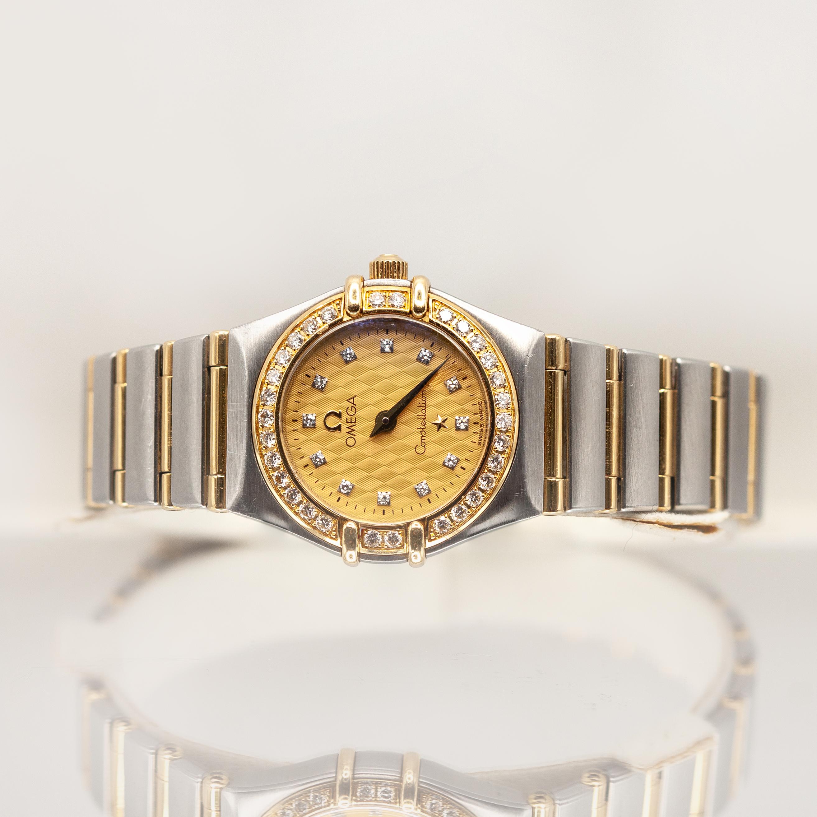 Taille ronde Montre pour dames Omega Constellation en or jaune 18K et acier inoxydable avec diamants en vente