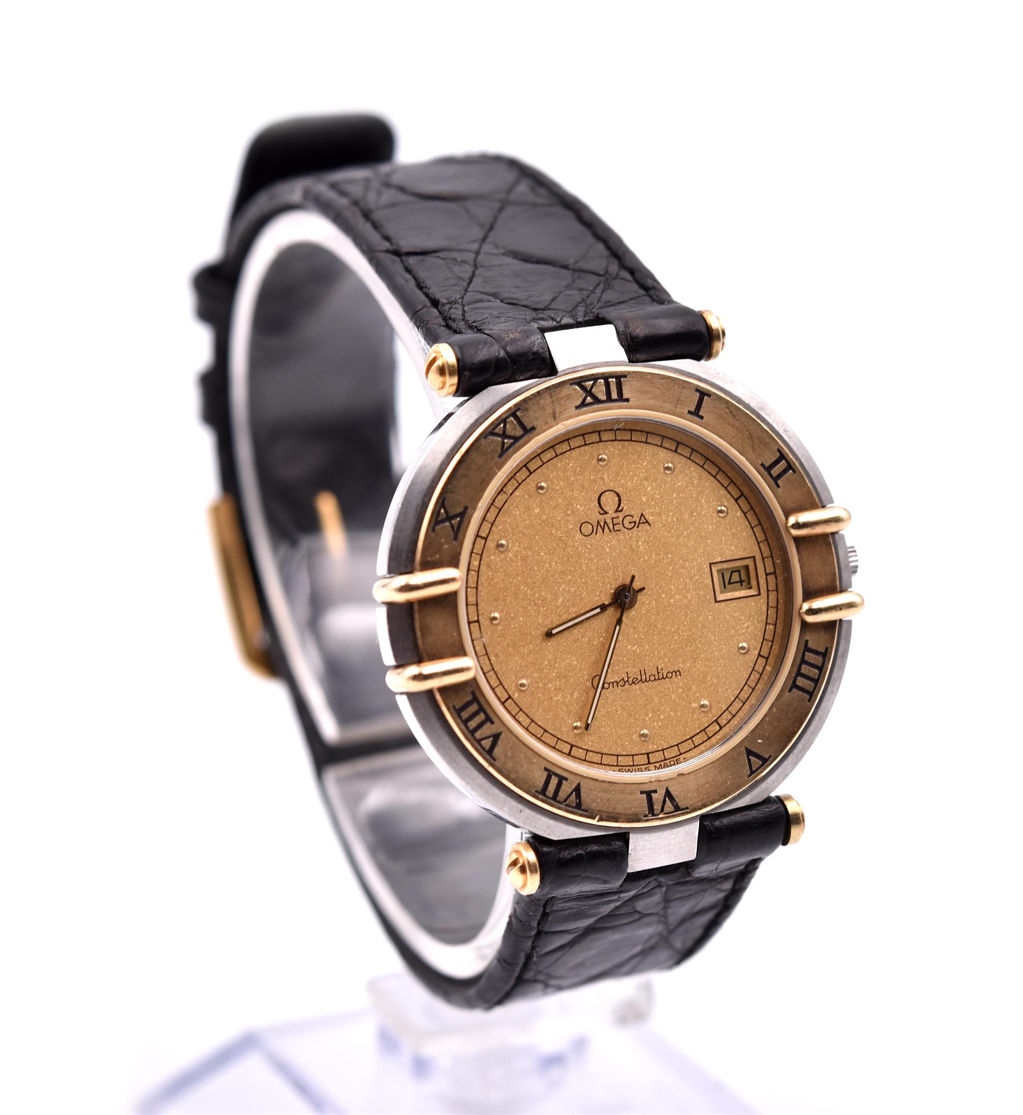 Movement: quartz
Function: hours, minutes, date
Case: 33mm stainless steel round case, sapphire crystal, pull/push crown, black Roman numerals on bezel
Band: black leather strap with gold buckle
Dial: gold dial with gold index markers, gold
