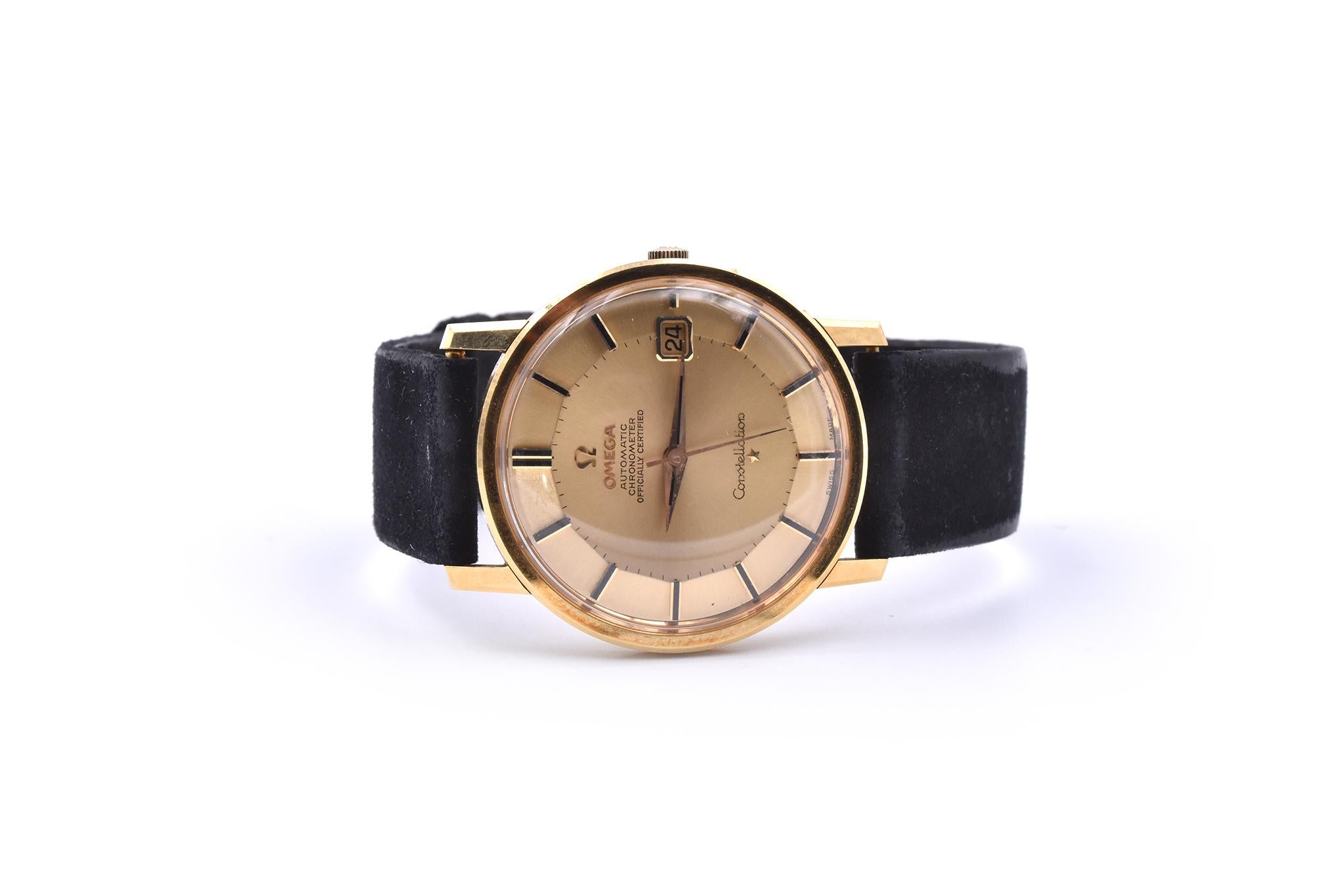 35mm omega constellation pie pan in 14k yellow gold.