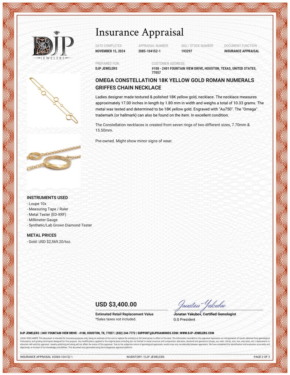 Brand: Omega

Gender: Ladies 

Metal Type: 18K Yellow Gold

Length: 17.00 inches

Width: 1.80 mm 

Weight: 10.33 grams

Ladies 18K yellow gold necklace. The metal was tested and determined to be 18K yellow gold. Engraved with 