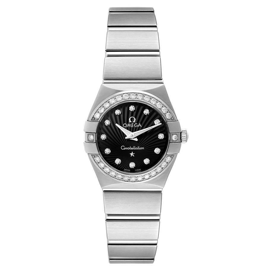 Omega Constellation 24 Black Dial Diamond Watch 123.15.24.60.51.001 Box Card. Quartz movement. Stainless steel brushed round case 24 mm in diameter. Stainless steel original Omega factory diamond bezel. Scratch resistant sapphire crystal. Supernova