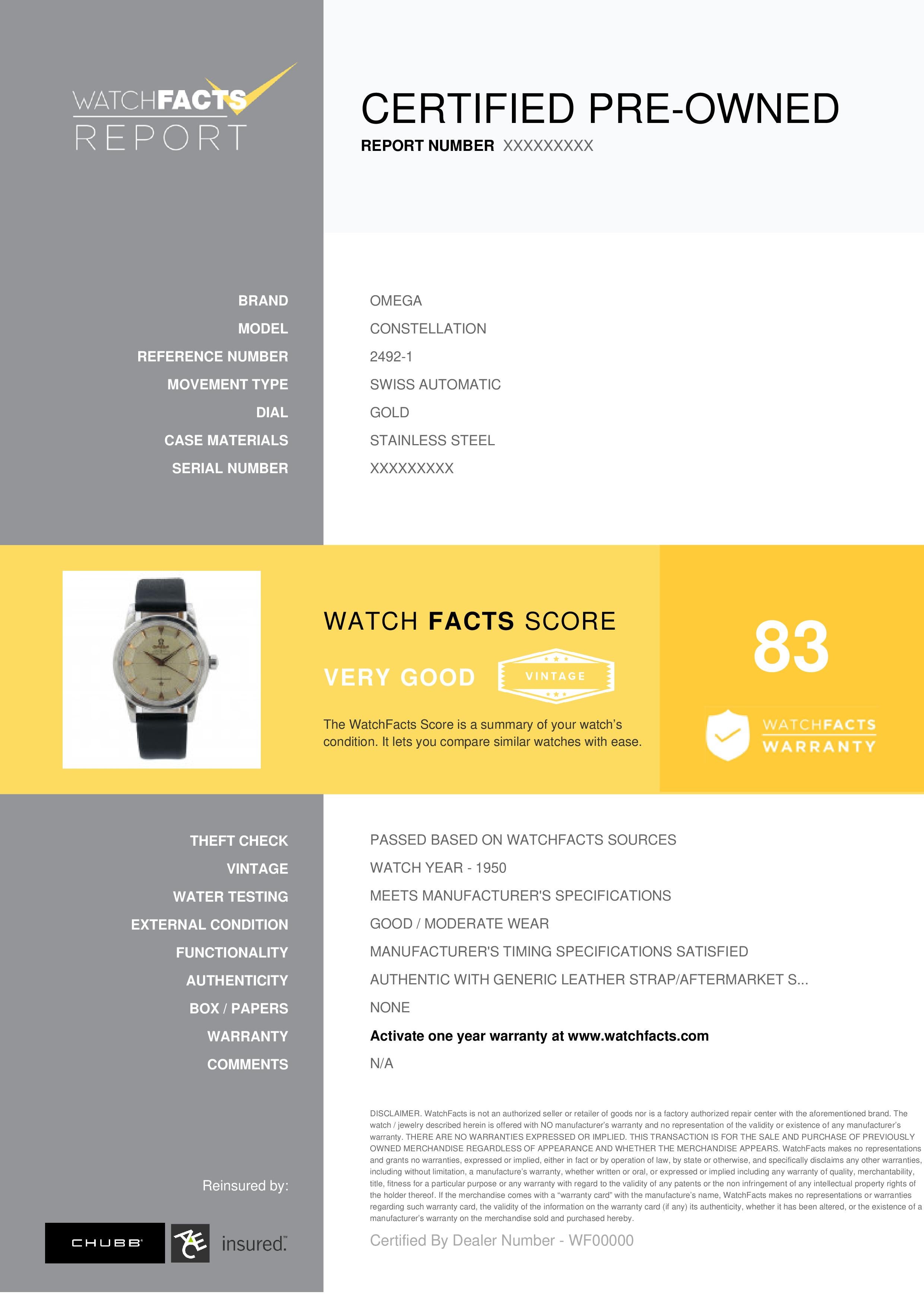 Omega Constellation Reference #: 2492-1. Mens Swiss Automatic Watch Stainless Steel Gold 34 MM. Verified and Certified by WatchFacts. 1 year warranty offered by WatchFacts.
