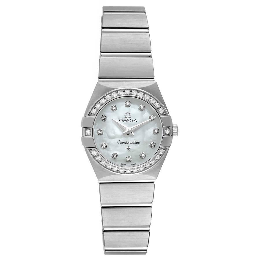 Omega Constellation 24mm MOP Diamond Watch 123.15.24.60.55.003 Box Card. Quartz movement. Stainless steel brushed round case 24mm in diameter. Stainless steel diamond bezel. Scratch resistant sapphire crystal. Mother of pearl dial with diamond hour