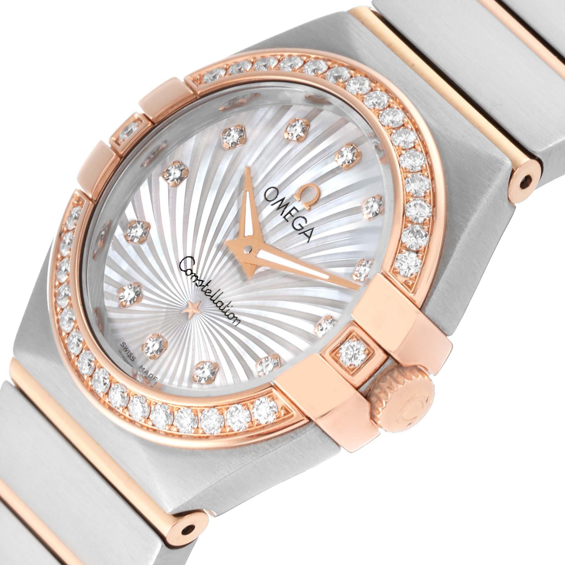 Omega Constellation 27 Steel Rose Gold MOP Diamond Watch 123.25.27.60.55.002. Quartz movement. Stainless steel brushed round case 27 mm in diameter with 18k Rose gold crown. 18k rose gold diamond bezel. Scratch resistant sapphire crystal. Supernova