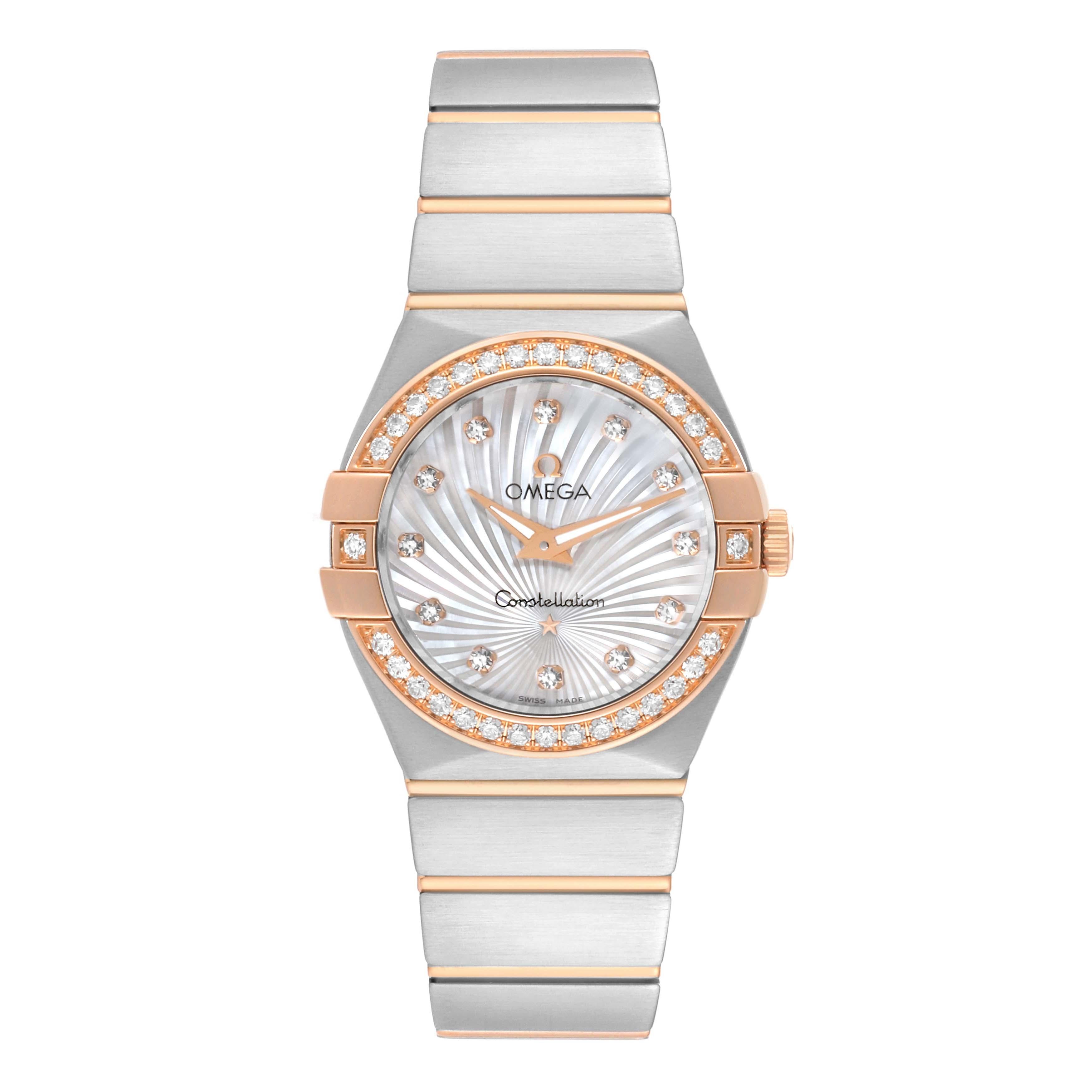 Women's Omega Constellation 27 Steel Rose Gold MOP Diamond Watch 123.25.27.60.55.002 For Sale