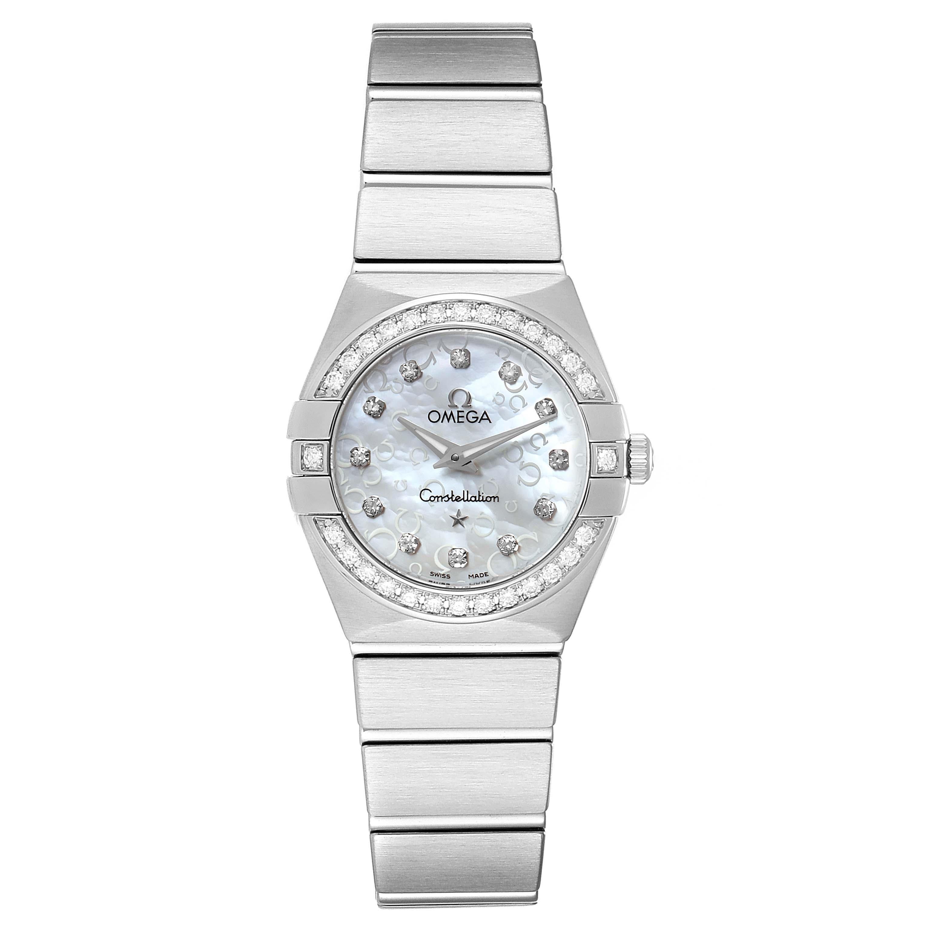 Omega Constellation 27mm Diamond Ladies Watch 123.15.24.60.52.001. Quartz movement. Stainless steel brushed round case 24mm in diameter. Stainless steel diamond bezel. Scratch resistant sapphire crystal. Silver dial with Omega logo and diamond hour