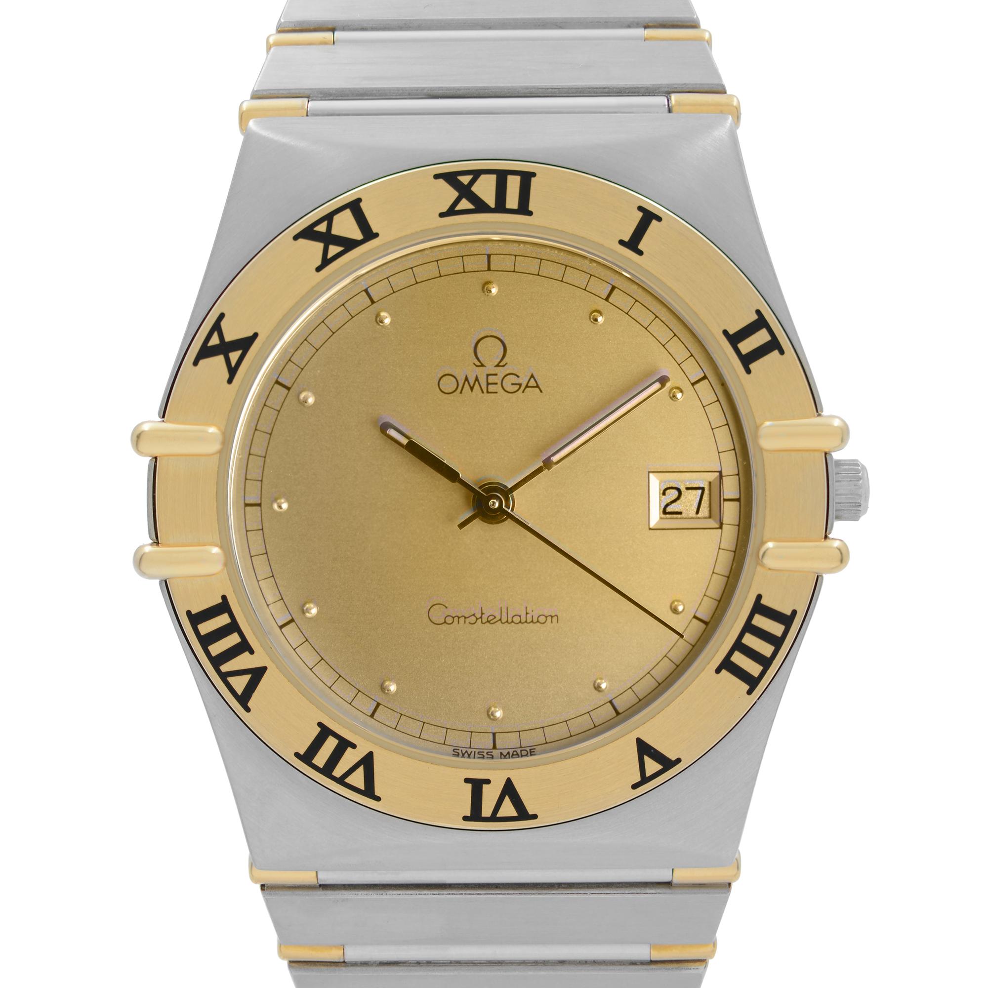 Pre-owned Omega Constellation 32mm 18K Yellow Gold Stainless Steel Men's Quartz Watch 3961070.1. The Timepiece is powered by a quartz movement. Features: Polished Stainless Steel Case and 18k Yellow Gold and Steel Bracelet. Fixed Gold Bezel. Gold