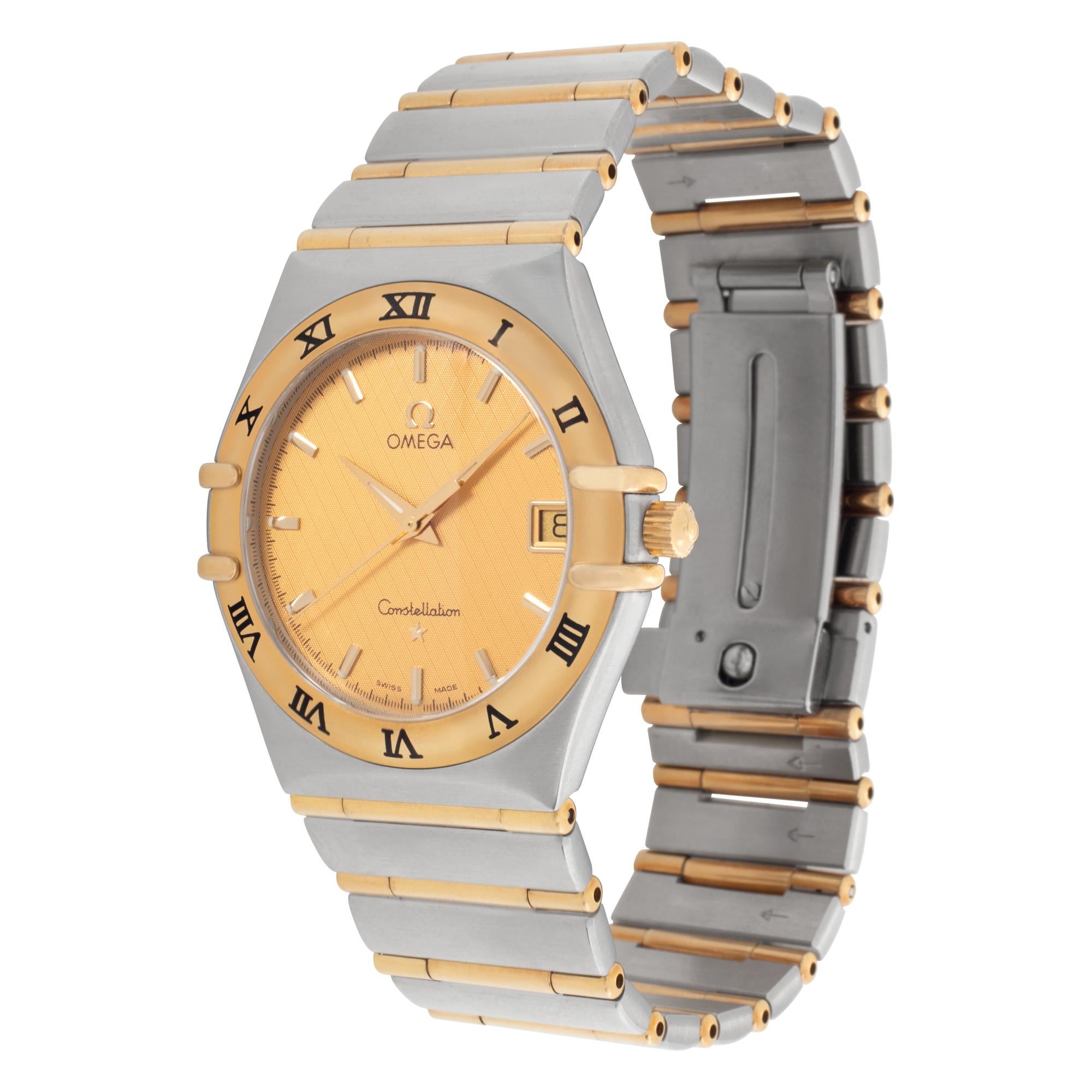 Omega Constellation in stainless steel and 18k yellow gold.  Quartz w/ sweep seconds and date. 33 mm case size. Ref 1212.30.00. Circa 1990s. Fine Pre-owned Omega Watch. Certified preowned Classic Omega Constellation 1212.30.00 watch is made out of
