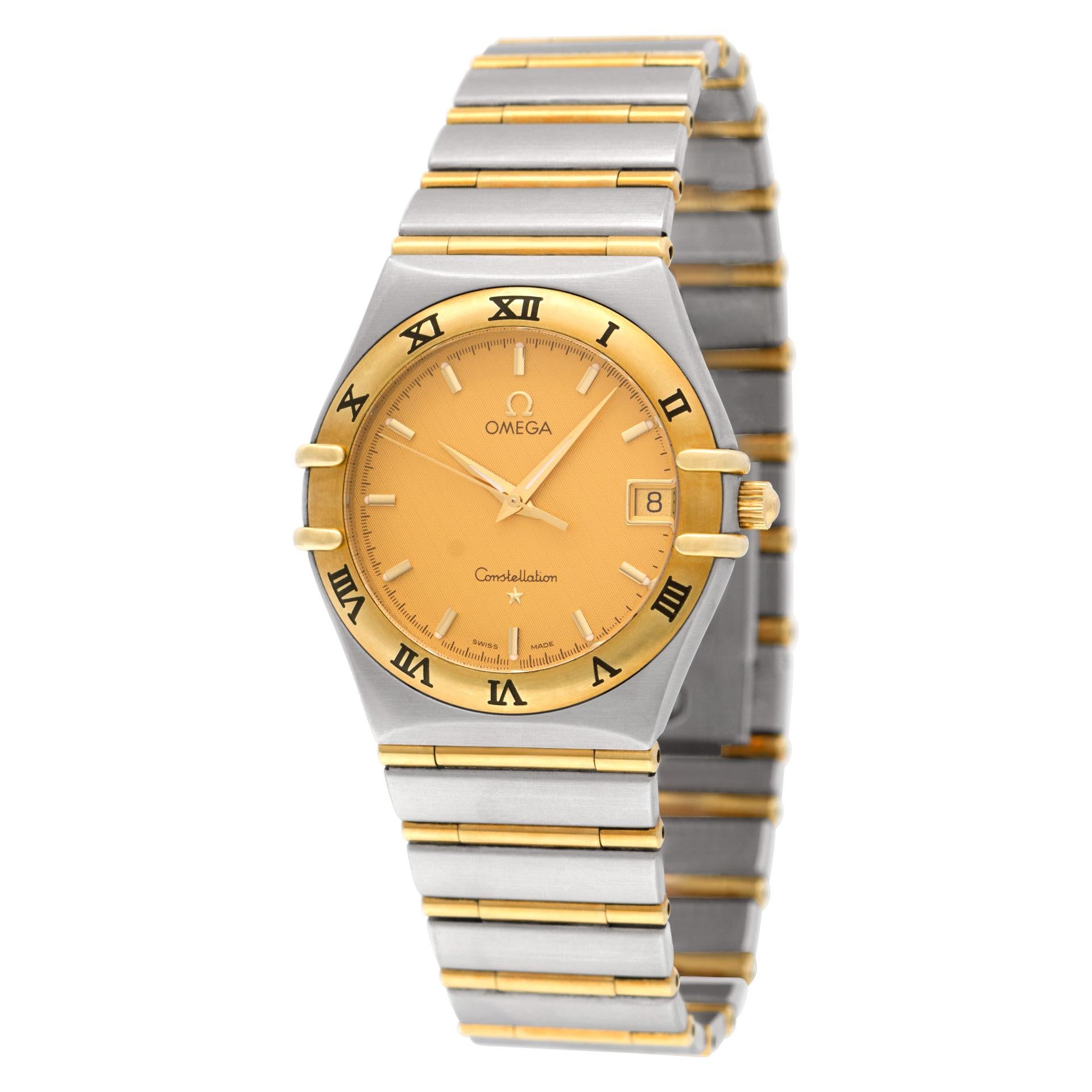 Omega Constellation in 18k yellow gold & stainless steel. Quartz w/ sweep seconds and date. 33 mm case size. Ref 59469775. Circa 1990s. Fine Pre-owned Omega Watch. Certified preowned Vintage Omega Constellation watch is made out of Stainless steel