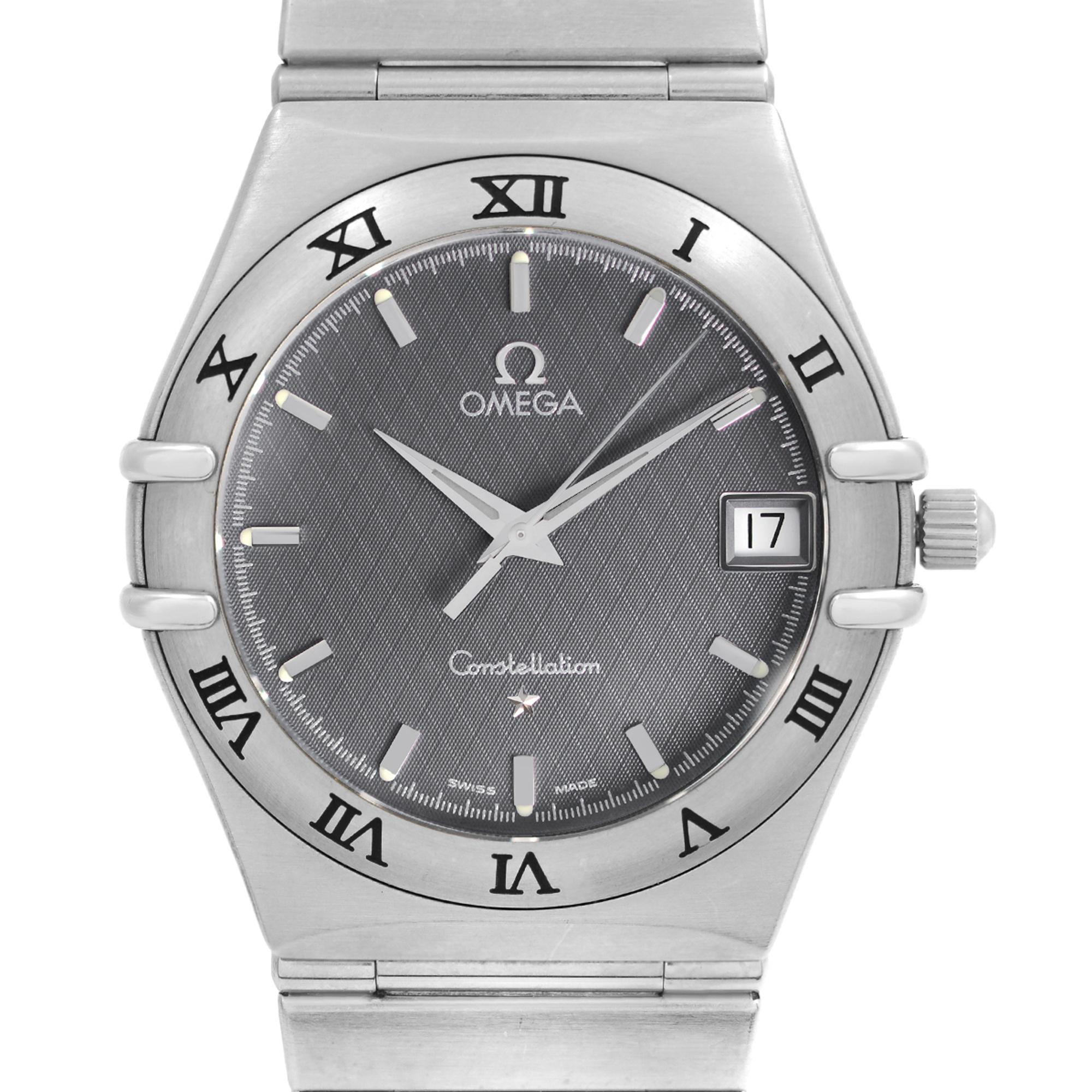 Pre Owned Omega Constellation 33mm Stainless Steel Slate Dial Men's Quartz Watch 3961201. This Beautiful Timepiece is Powered by Quartz (Battery) Movement And Features: Round Stainless Steel Case & Bracelet, Fixed Stainless Steel Bezel with Roman