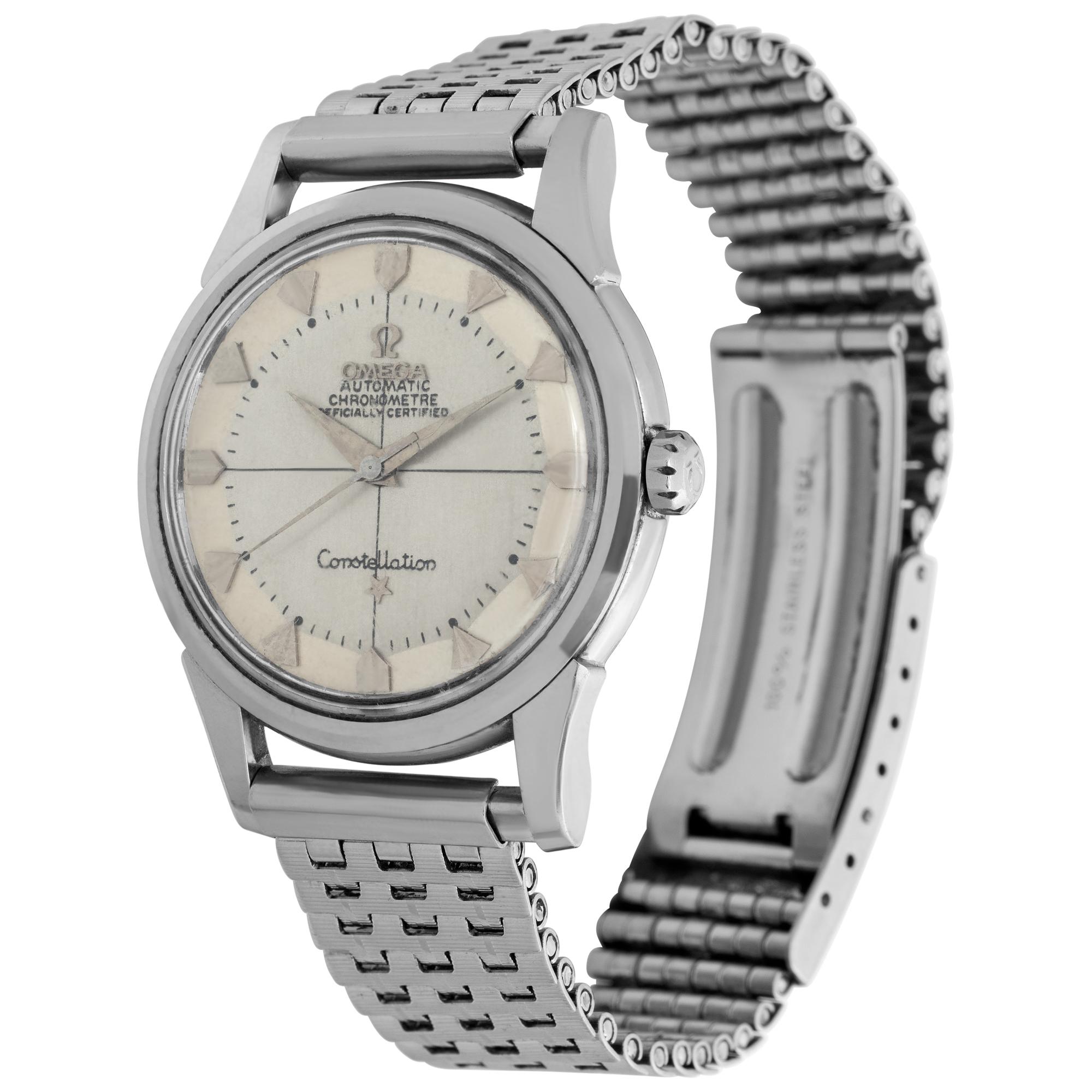 Vintage Omega Constellation in stainless steel. 24 Jewel, Auto w/ sweep seconds on pie-pan dial. 35 mm case size on generic steel bracelet. Ref 14381-61SC. Circa 1952. Fine Pre-owned Omega Watch. Certified preowned Vintage Omega Constellation