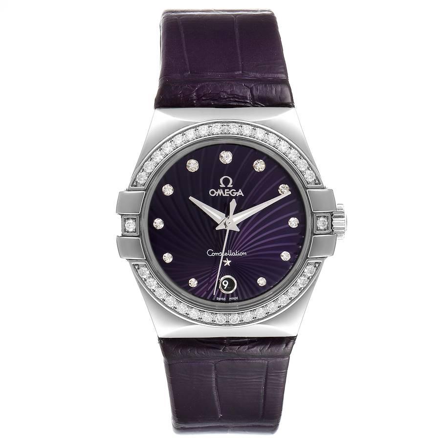 Omega Constellation 35mm Diamond Ladies Watch 123.18.35.60.60.001 Box Card. Quartz movement. Stainless steel round case 35mm in diameter. Stainless steel diamond bezel. Scratch resistant sapphire crystal. Purple dial with a supernova textured