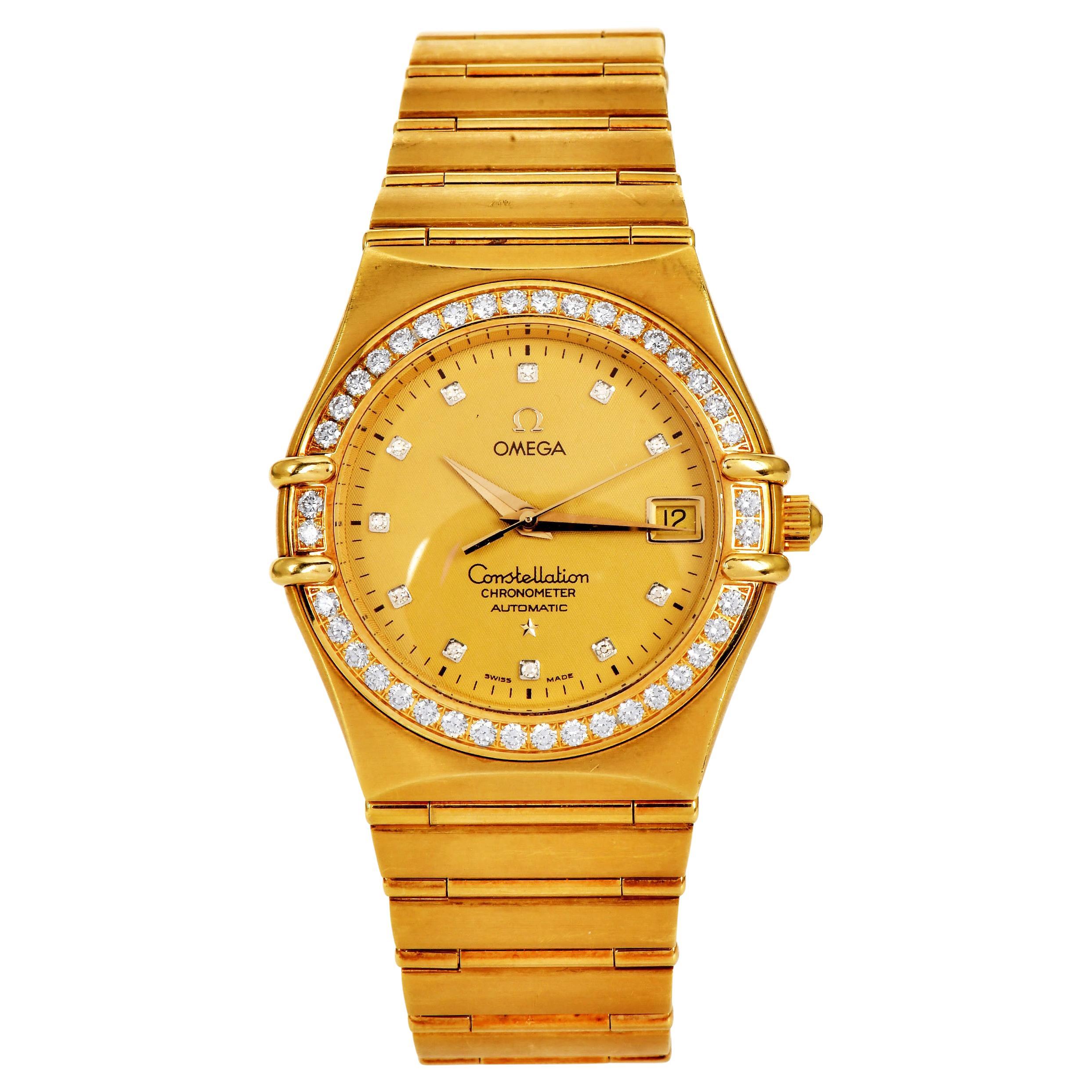 Omega Constellation 36mm 18K Gelbgold Diamant Zifferblatt Lünette Automatikuhr im Angebot