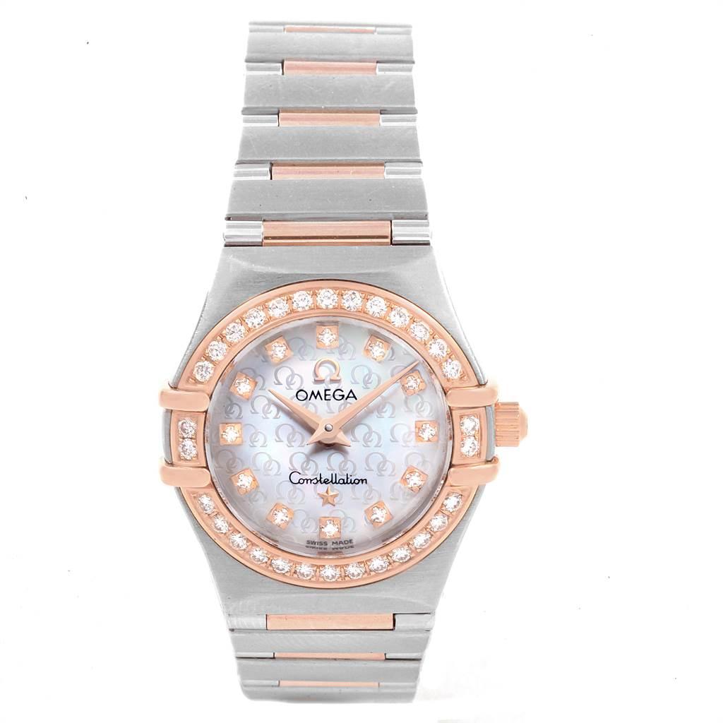 Omega Constellation 95 Mini MOP Diamond Steel Rose Gold Ladies Watch. Quartz movement. Stainless steel and rose gold round case 22.5 mm in diameter. 18K rose gold Diamond bezel. Scratch resistant sapphire crystal. Mother-of-pearl Omega logo dial