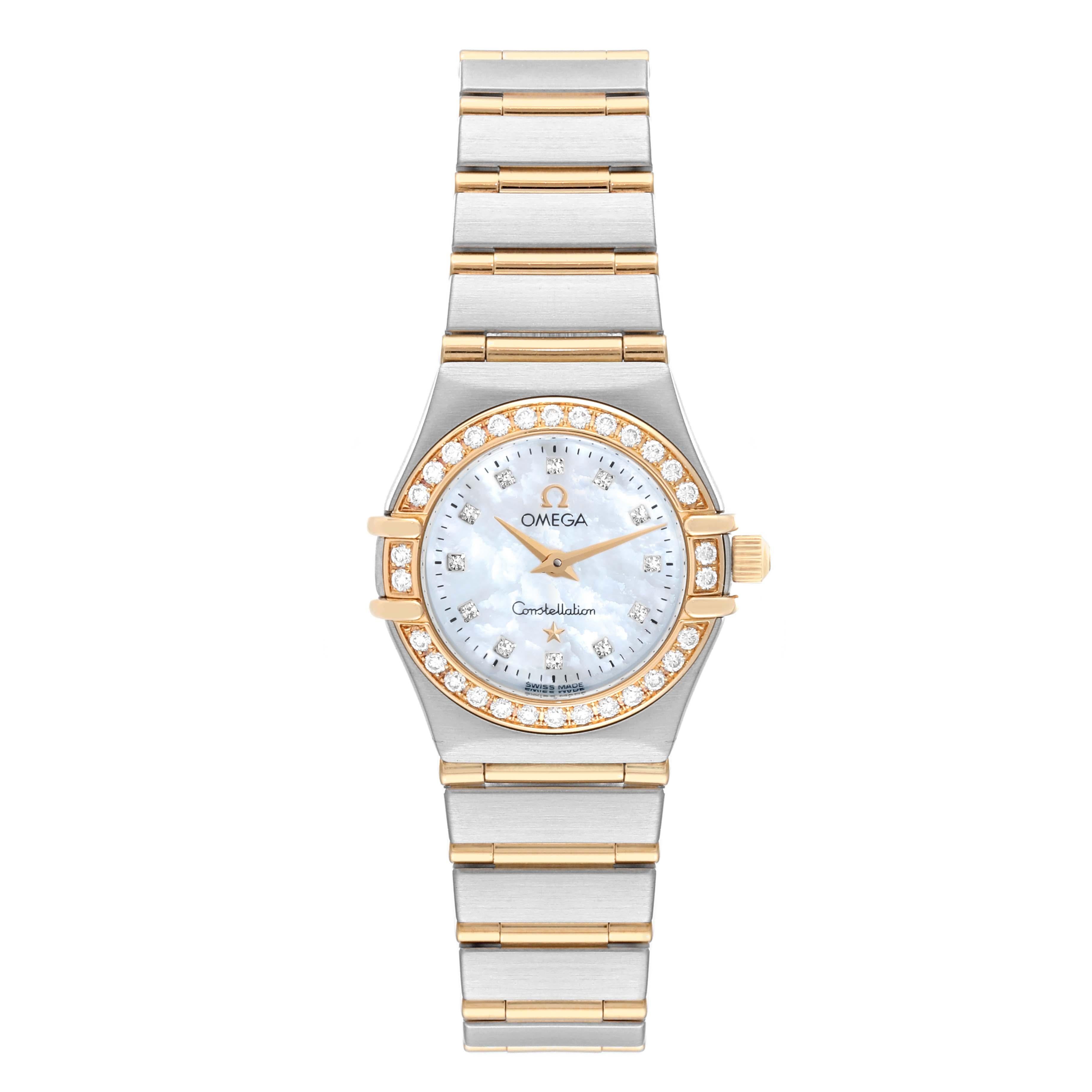 Omega Constellation 95 MOP Diamond Yellow Gold Steel Ladies Watch 1267.75.00. Quartz movement. Stainless steel and 18k yellow gold round case 22.5 mm in diameter. 18k yellow gold original Omega factory diamond bezel. Scratch resistant sapphire