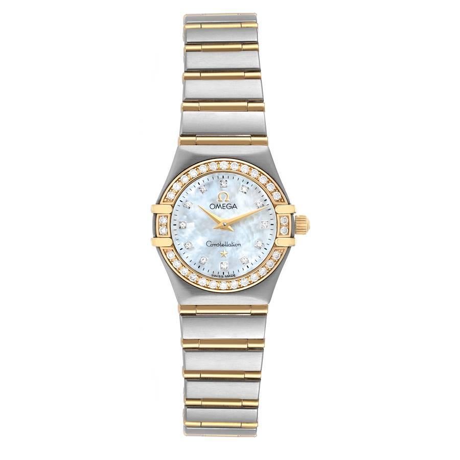 Omega Constellation 95 Mother of Pearl Diamond Ladies Watch 1267.75.00 Box Card. Quartz movement. Stainless steel and 18k yellow gold round case 22.5 mm in diameter. 18k yellow gold diamond bezel. Scratch resistant sapphire crystal. Mother-of-pearl