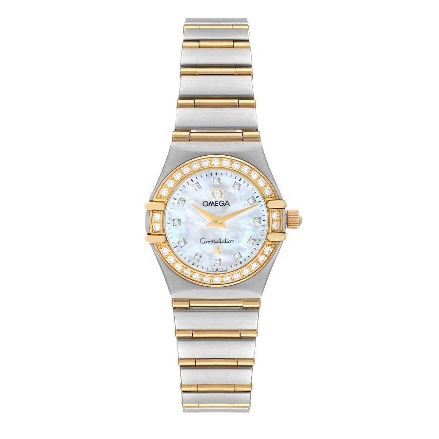 Omega Constellation 95 Mother of Pearl Diamond Ladies Watch 1267.75.00. Quartz movement. Stainless steel and 18k yellow gold round case 22.5 mm in diameter. 18k yellow gold diamond bezel. Scratch resistant sapphire crystal. Mother-of-pearl dial with