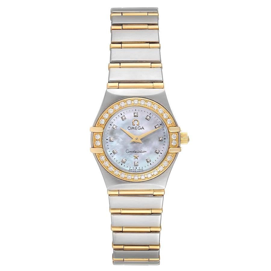 Omega Constellation 95 Mother of Pearl Diamond Watch 1267.75.00 Box Card. Quartz movement. Stainless steel and 18k yellow gold round case 22.5 mm in diameter. 18k yellow gold diamond bezel. Scratch resistant sapphire crystal. Mother-of-pearl dial