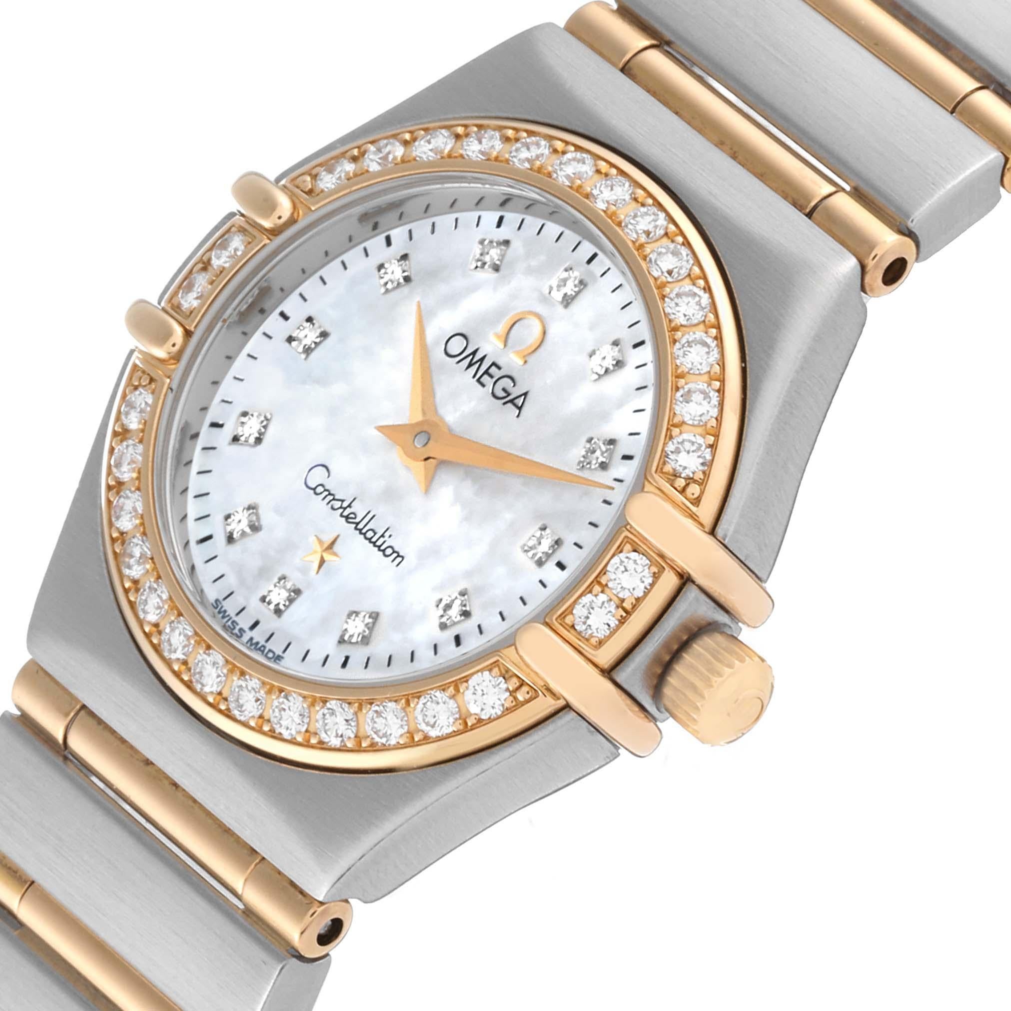 Omega Constellation 95 Mother Of Pearl Diamond Yellow Gold Steel Ladies Watch 1267.75.00. Quartz movement. Stainless steel and 18k yellow gold round case 22.5 mm in diameter. 18k yellow gold original Omega factory diamond bezel. Scratch resistant