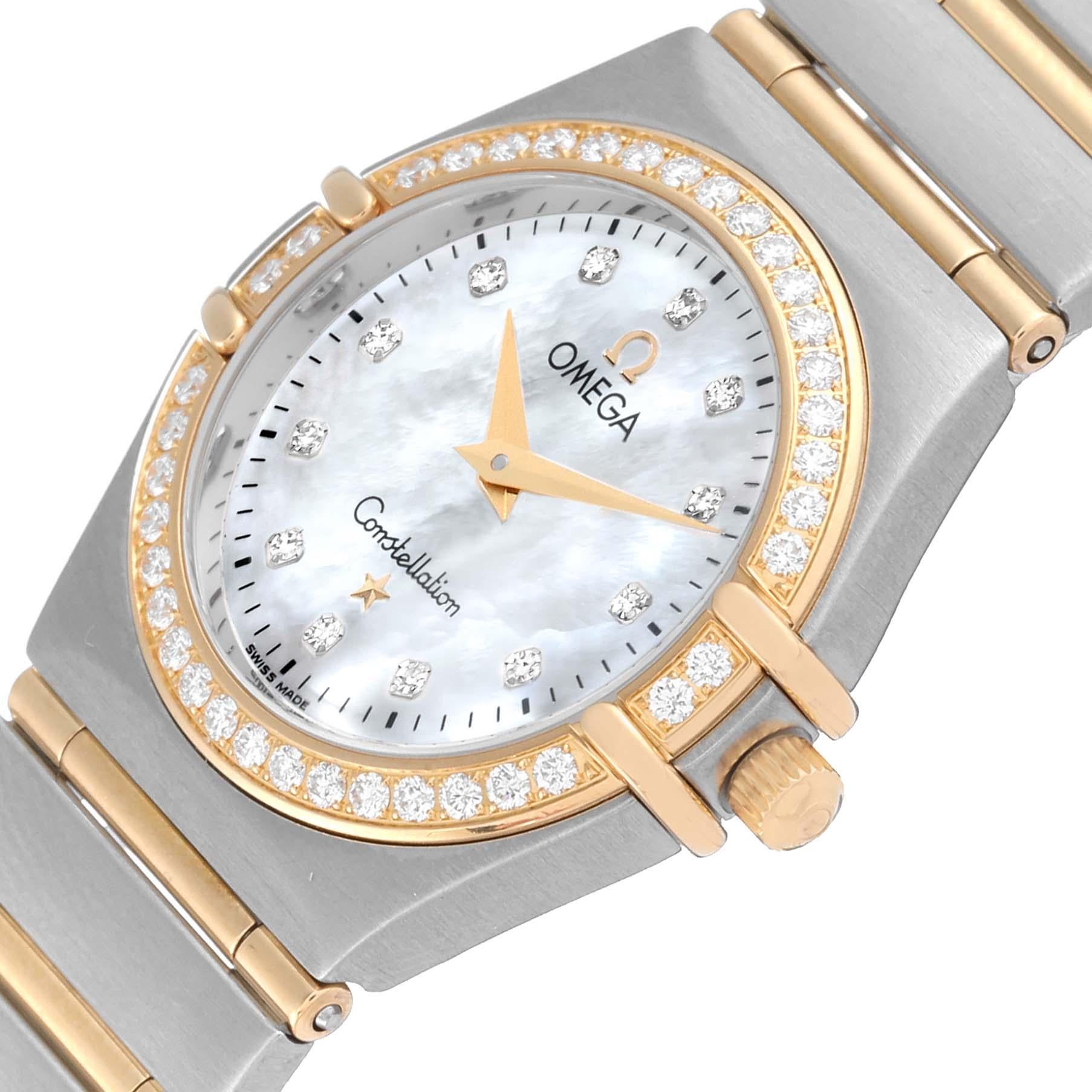 Omega Constellation 95 Steel Yellow Gold Mother Of Pearl Diamond Ladies Watch 1277.75.00. Quartz movement. Stainless steel and 18k yellow gold round case 25.5 mm in diameter. Original Omega factory 18k yellow gold diamond bezel. Scratch resistant