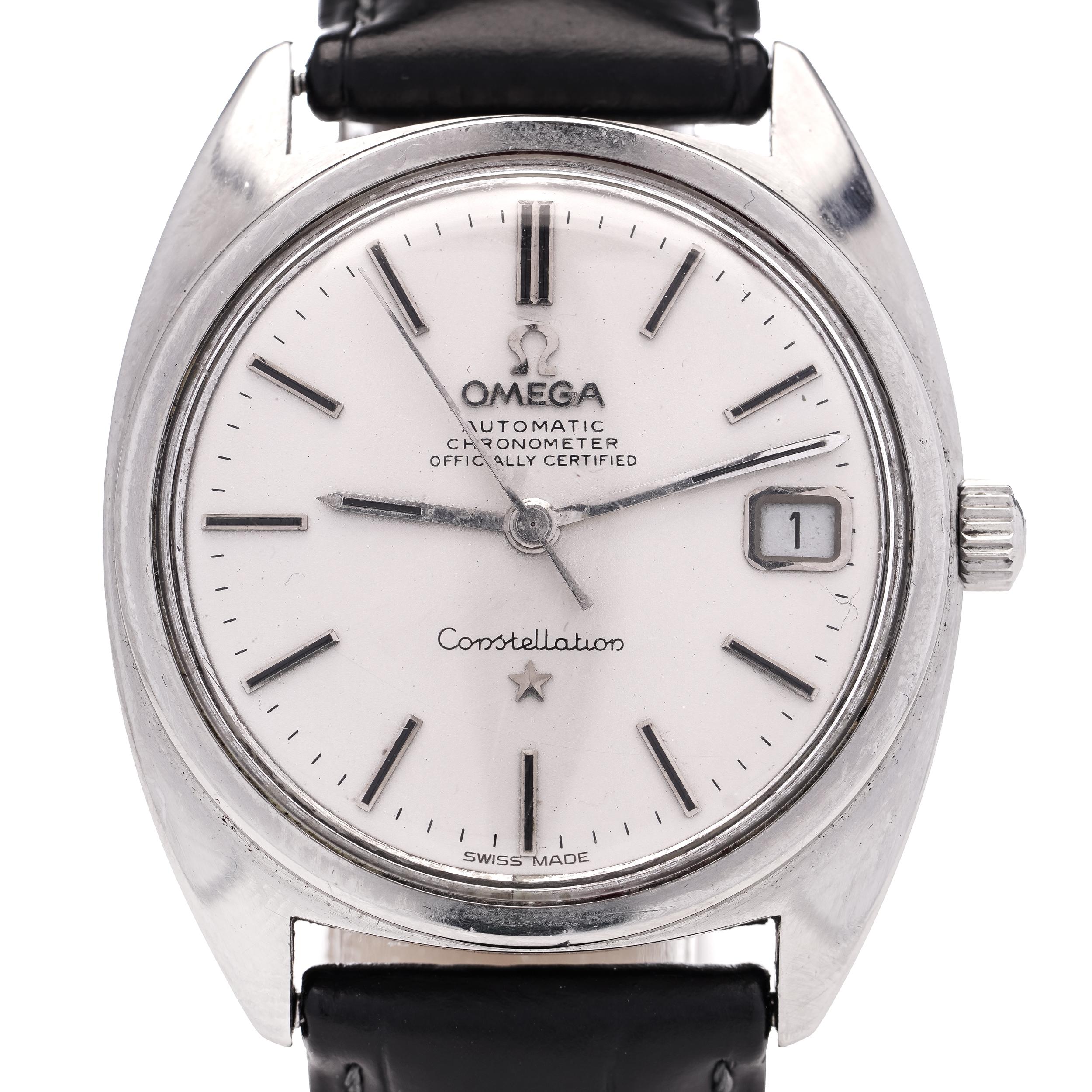 Omega Constellation Chronometer Automatic Vintage Stainless Steel Watch.

Made in Switzerland, Circa 1970's
Case Diameter: 35 mm
Movement: Mechanical Automatic
Case Material: Stainless Steel
Watchband Material: Stainless steel
Dial colour: Silver