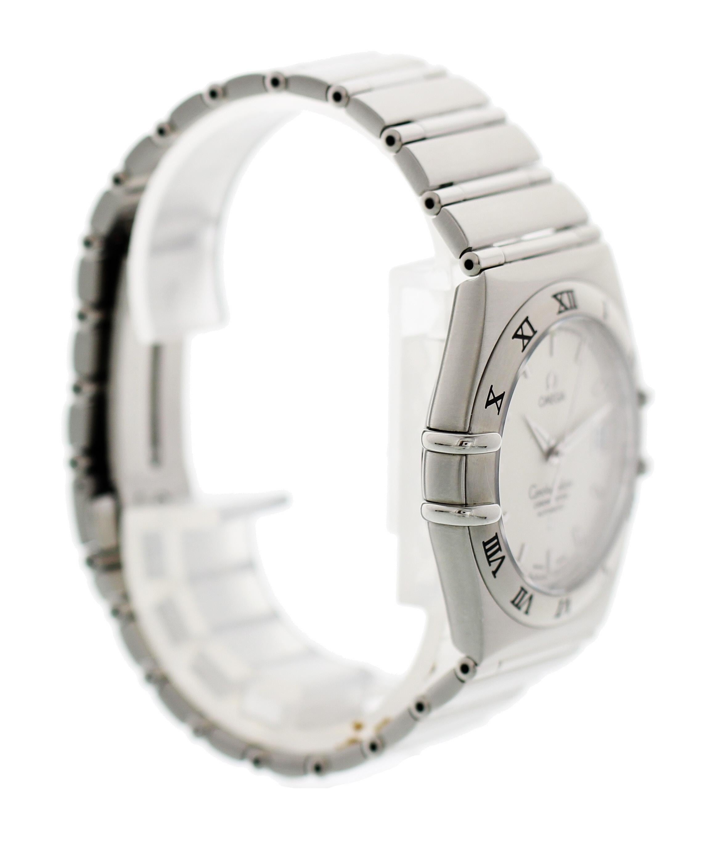 Omega Constellation 3681201. Stainless steel 36 mm case. Stainless steel bezel with black Roman numerals. White dial with steel, luminous hands and markers. Date display at 3 o'clock. Stainless steel band with push and slide clasp; will fit up to a
