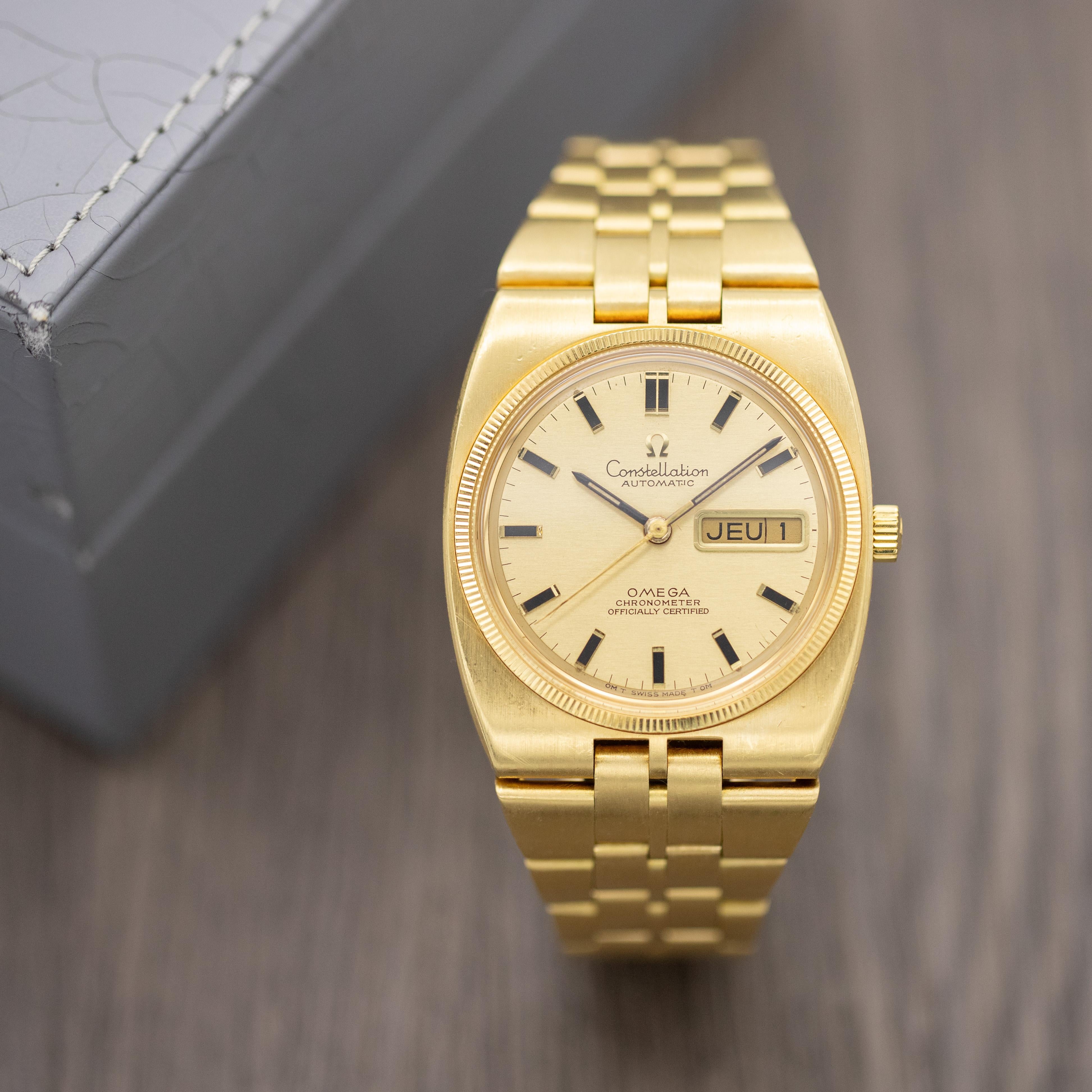 For sale is an iconic Swiss Made Omega Constellation Automatic Chronometer with reference number 168.045, dating back to 1969 based on its serial number. The case measures 36mm wide by 40mm high, and seamlessly flows over into the integrated