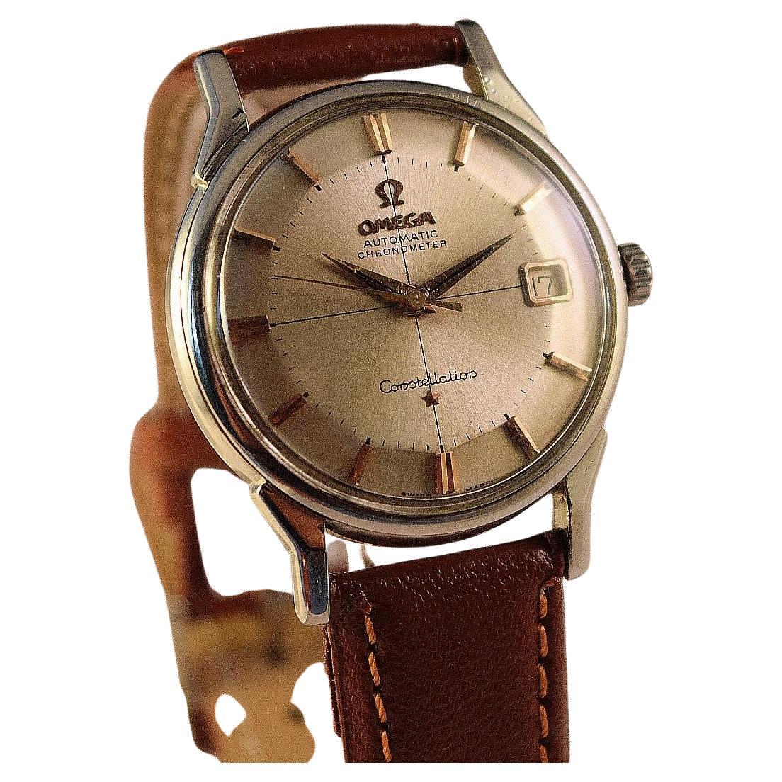 Omega Constellation Kuchenform Automatik
Diese Vintage Omega Constellation 'Pie-Pan' Edelstahl-Armbanduhr auf einem Lederband stammt aus ca. 1960's und ist in insgesamt sehr gutem Zustand, wie es vor kurzem gewartet.
Original  silbernes Zifferblatt