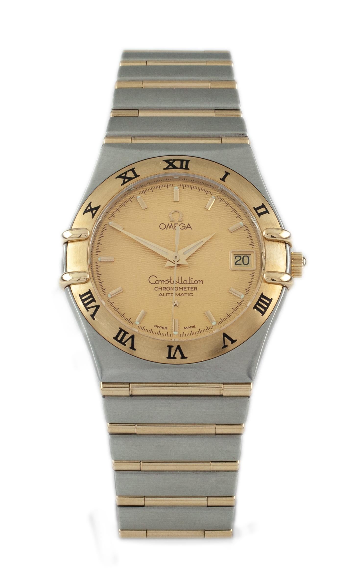 Movement #1120-809008XX
Case #368-1201-809008XX
Model: Constellation Chronometer
Stainless Steel Case w/ 18k Yellow gold Roman Numeral Bezel
35 mm in Diameter (37 mm w/ Crown)
Lug-to-Lug Distance = 38 mm
Lug-to-Lug Width = 22 mm
Thickness = 9