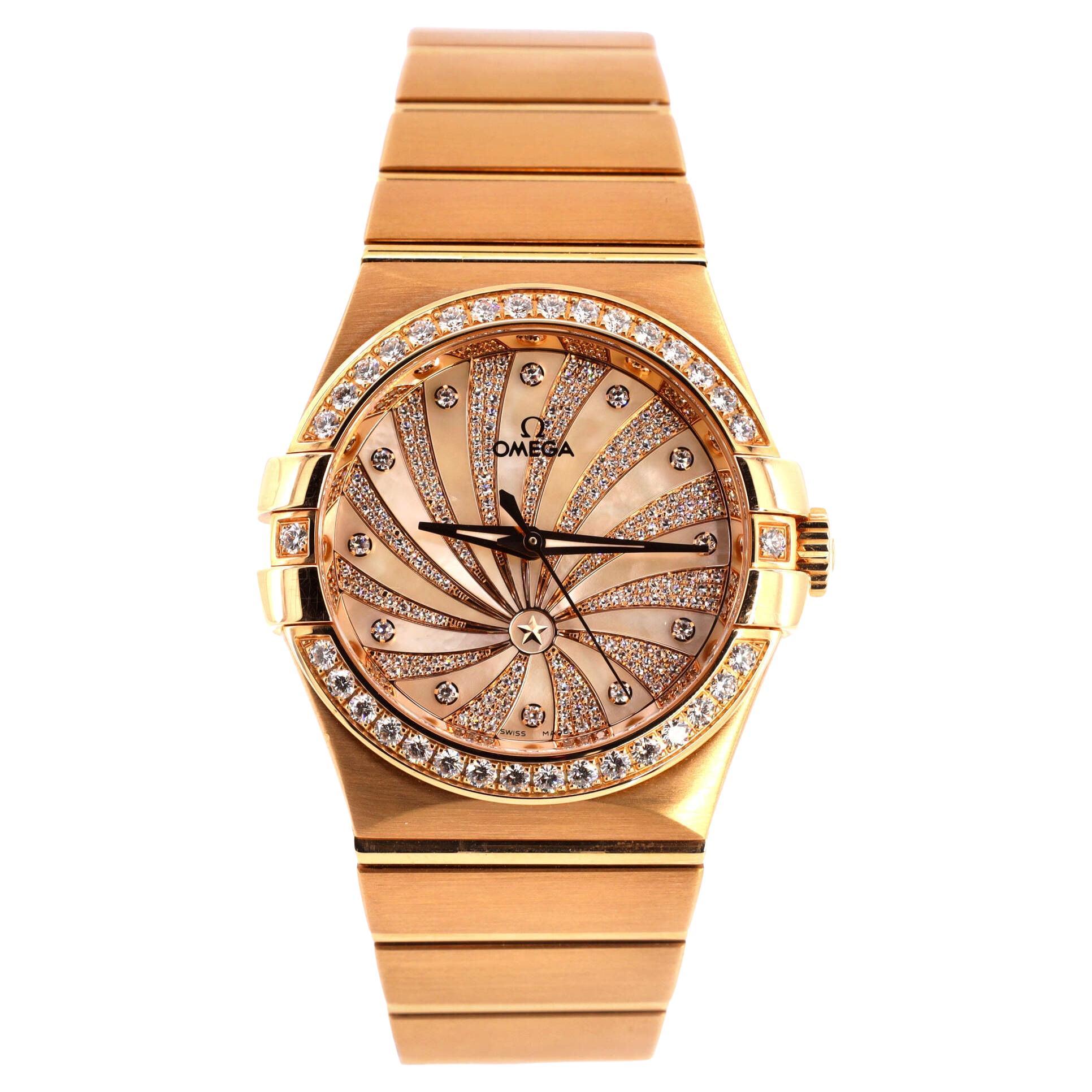 Omega Constellation Co-Axial Chronometer Automatic Watch Rose Gold with Diamond  For Sale