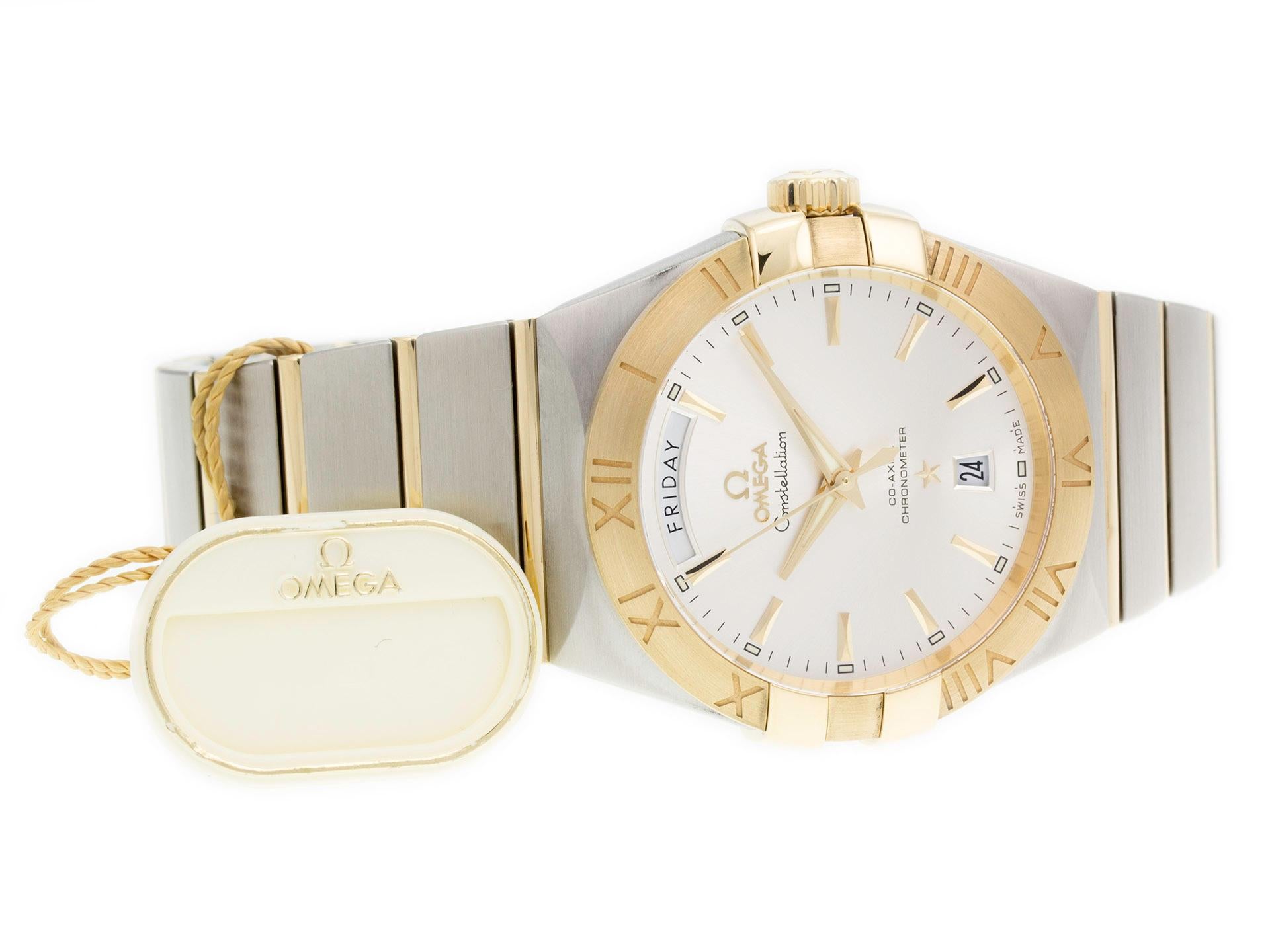 Omega Constellation 123.20.38.22.02.002 watch, with Fixed, Brushed 18K Yellow Gold w/ Roman Numerals & Polished Griffes Bezel, Brushed Stainless Steel & Polished 18K Yellow Gold Bracelet and water resistant to 100m, with day, and
