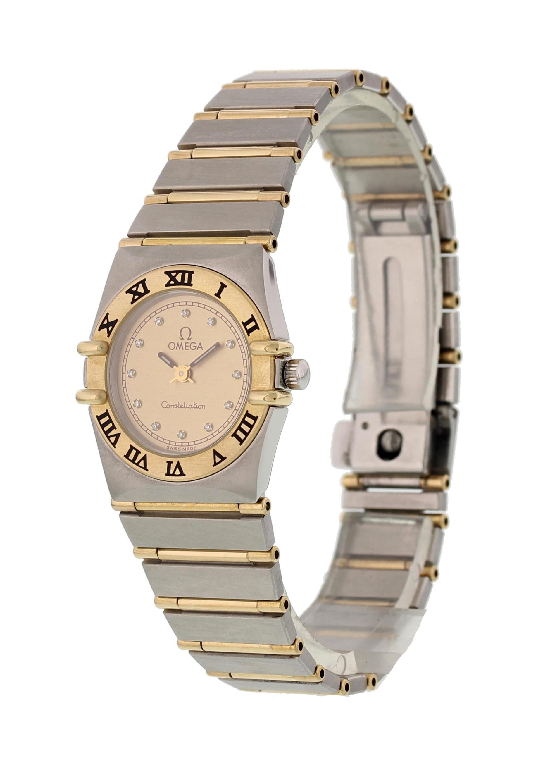 Omega Constellation Diamond Dial Ladies Watch. 23 mm stainless steel case with an 18k yellow gold crown. 18k yellow gold bezel. White dial with gold hands and markers. 18k yellow gold and stainless steel band with stainless steel fold-over clasp.