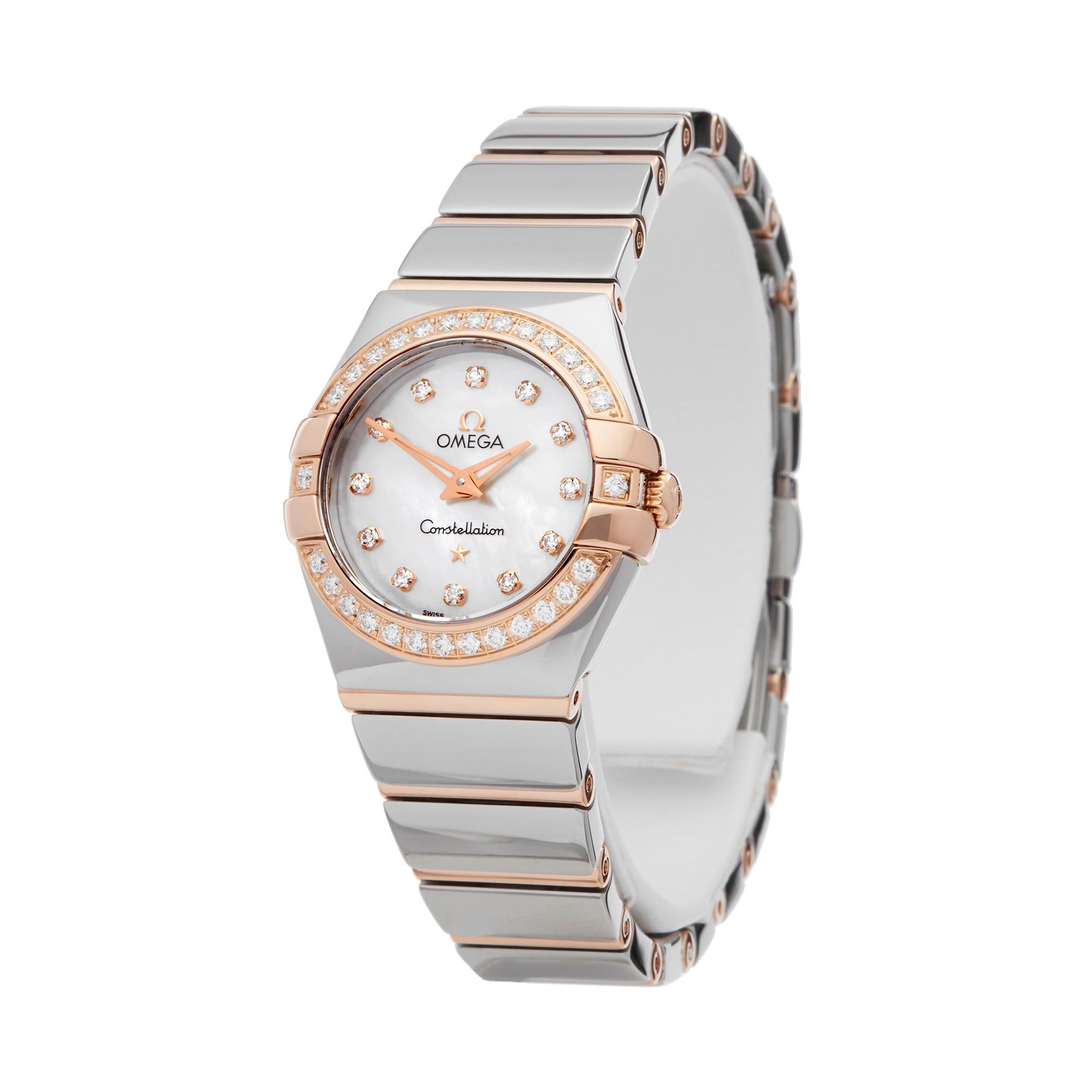 Ref: W6319
Manufacturer: Omega
Model: Constellation 
Model Ref: 12325246055005
Age: Circa 2000's
Gender: Ladies
Complete With: Xupes Presentation Box
Dial: Mother of Pearl & Diamond Markers
Glass: Sapphire Crystal
Movement: Automatic
Water