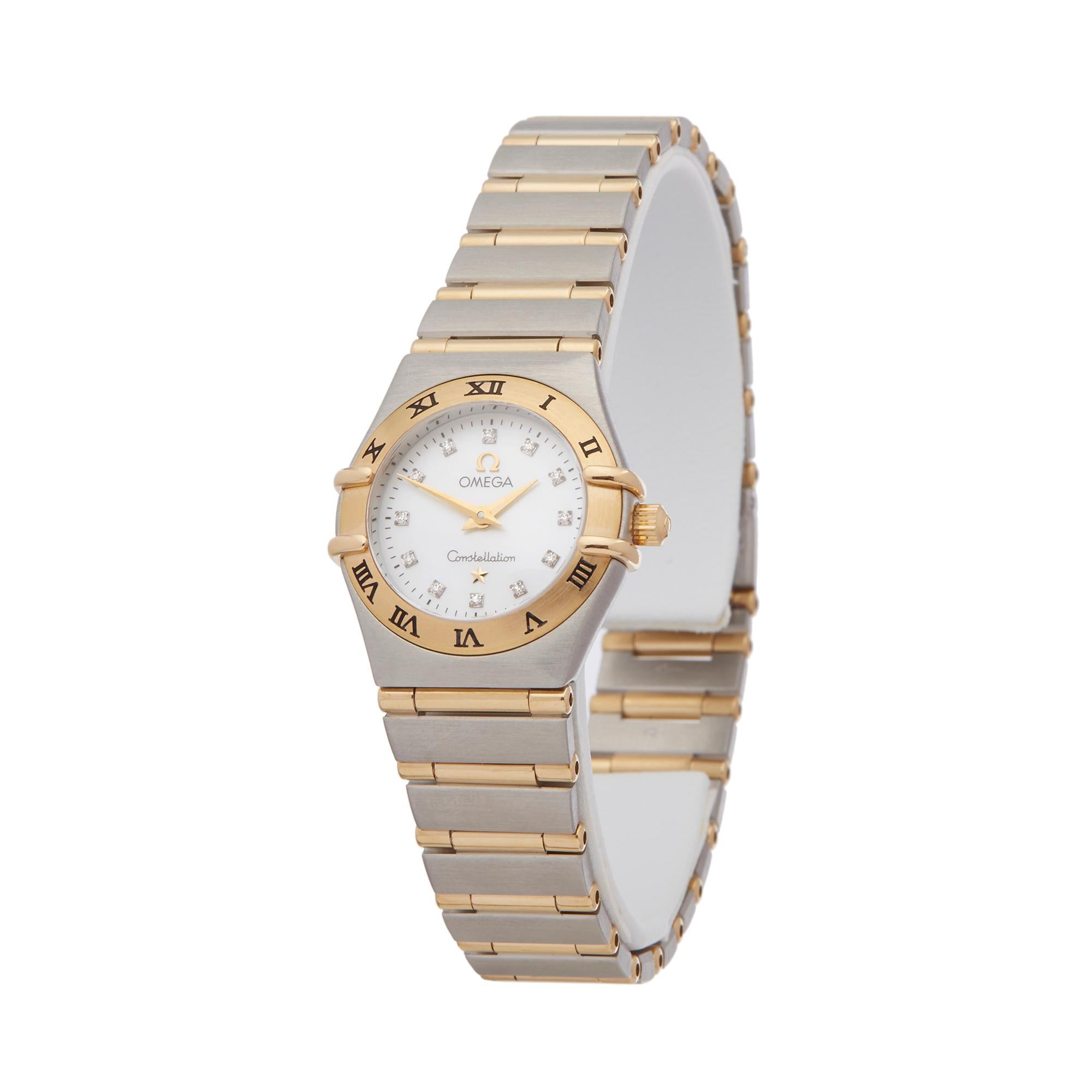 Ref: W6336
Manufacturer: Omega
Model: Constellation 
Model Ref: 1262.75.00
Age: Circa 2000's
Gender: Ladies
Complete With: Box, Manuals & Guarantee
Dial: Mother of Pearl & Diamond Markers
Glass: Sapphire Crystal
Movement: Automatic
Water Resistance: