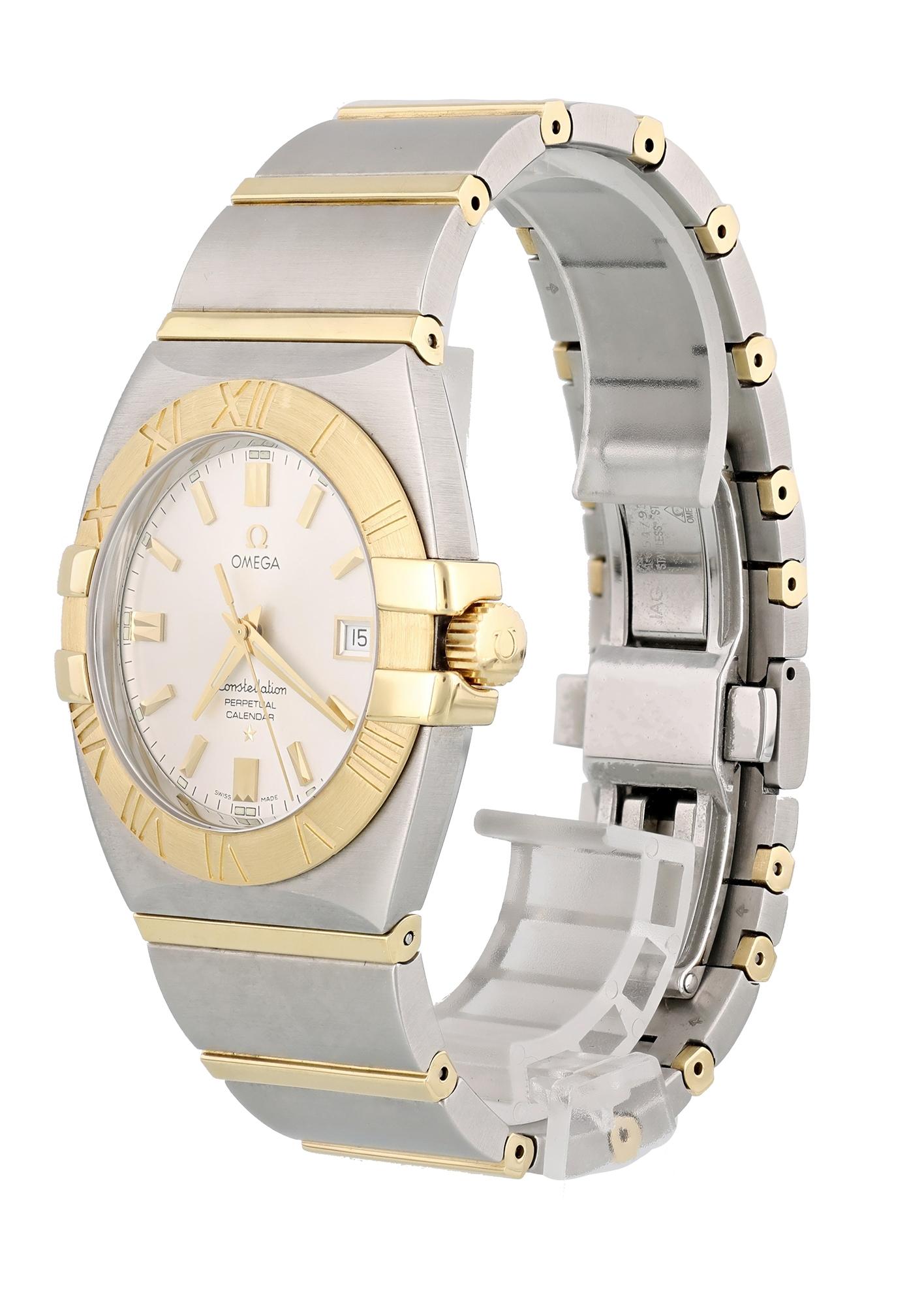 Omega Constellation Double Eagle 1213.30.00 Mens Watch. 
38mm Stainless Steel case. 
Stainless Steel Stationary bezel. 
Silver dial with Luminous gold hands and index hour markers. 
Minute markers on the outer dial. 
Perpetual calendar date display