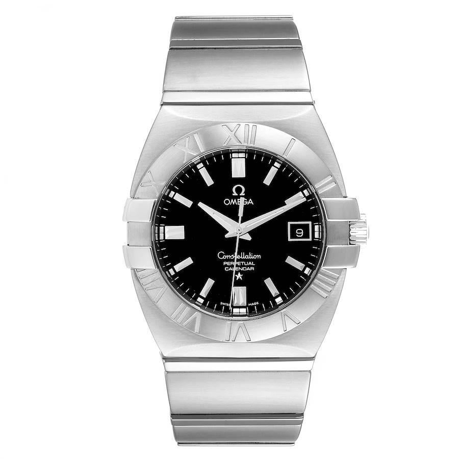 Omega Constellation Double Eagle Black Dial Steel Mens Watch 1513.51.00. Quartz movement. Brushed stainless steel case 38 mm in diameter. Omega logo on a crown. Stainless steel bezel with engraved roman numerals. Scratch resistant anti-reflective