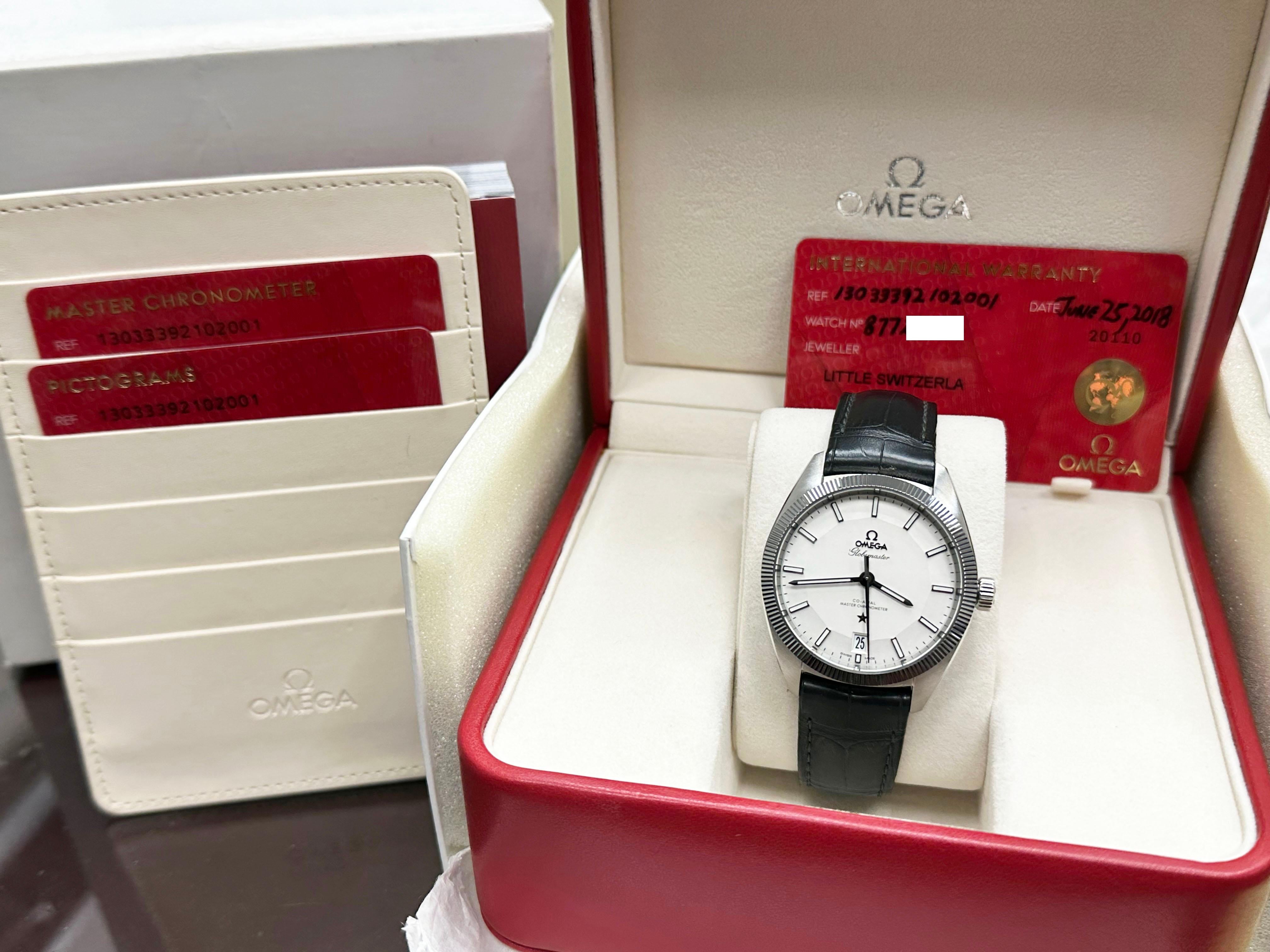 Style Number: 130.33.39.21.02.001



Year: 2018

 

Model: Omega Constellation Globemaster

 

Case Material: Stainless Steel 

 

Band: Leather Band 

 

Bezel: Tungsten Carbide 

 

Dial:  Silver Dial 

 

Face: Sapphire Crystal 

 

Case Size: