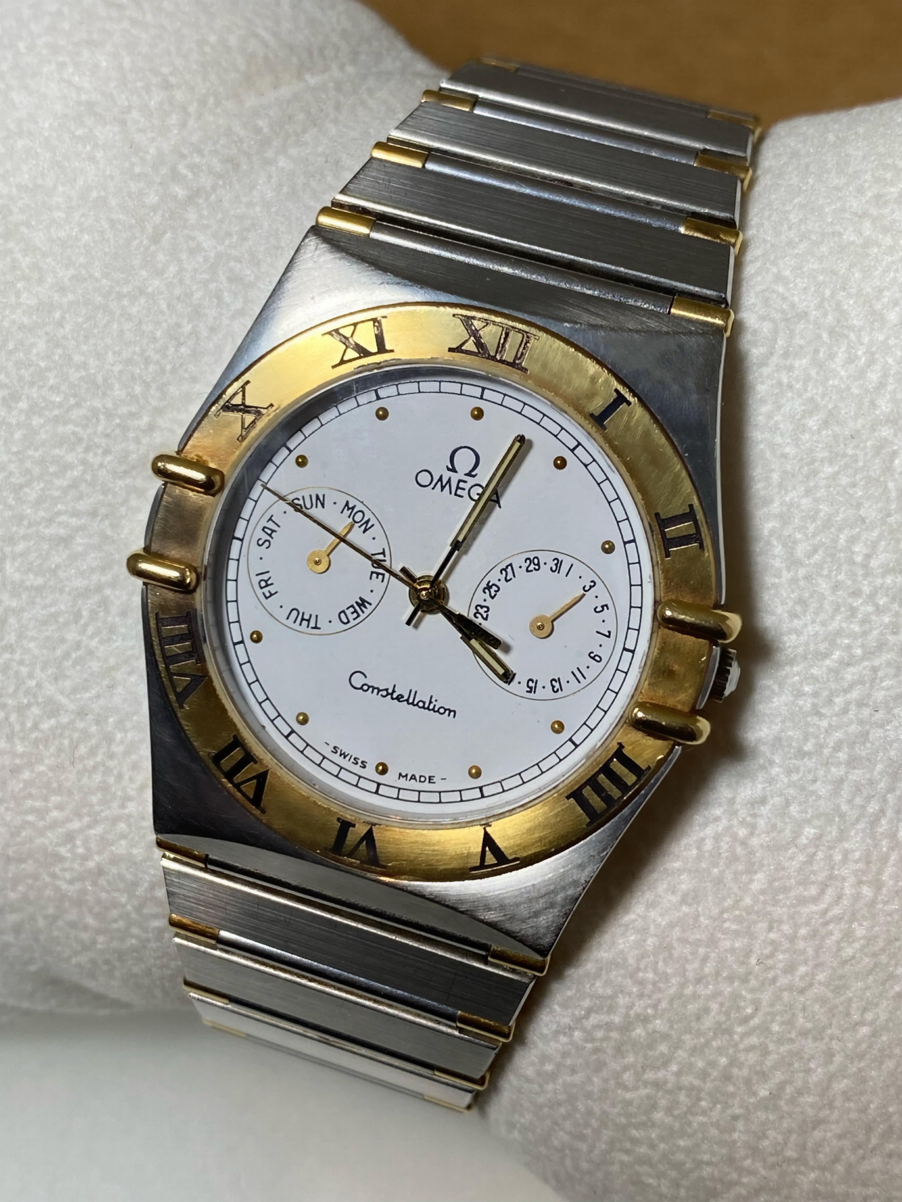 Omega Constellation Goldstahl-Uhr Ref 396/1080, Tagesdatum. Schachtel, Papiere, Links. im Zustand „Hervorragend“ im Angebot in MELBOURNE, AU