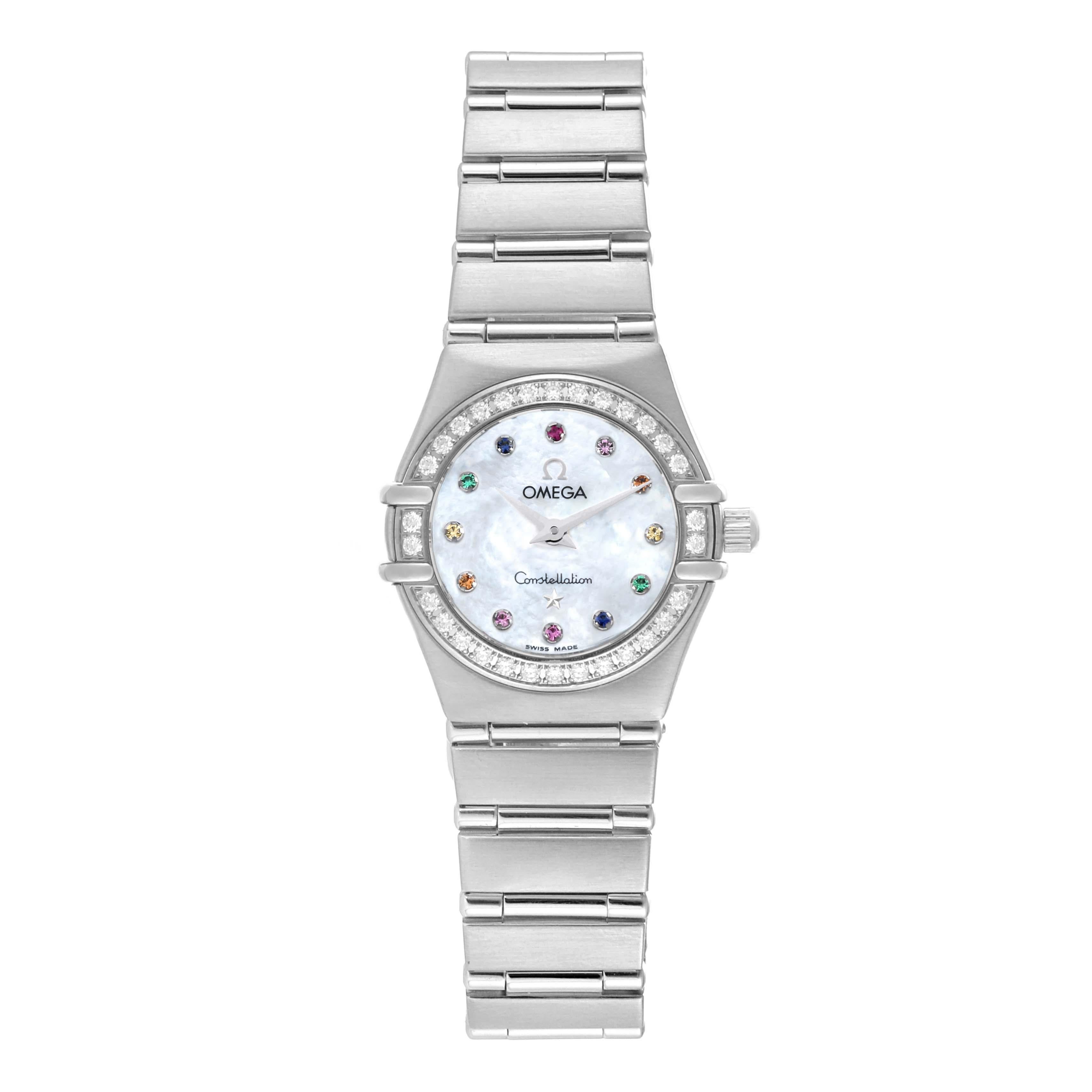 Omega Constellation Iris Mother of Pearl Diamond Steel Ladies Watch 1465.79.00. Quartz movement. Stainless steel round case 22.5 mm in diameter. Stainless steel bezel set with original Omega factory diamonds. Scratch resistant sapphire crystal.