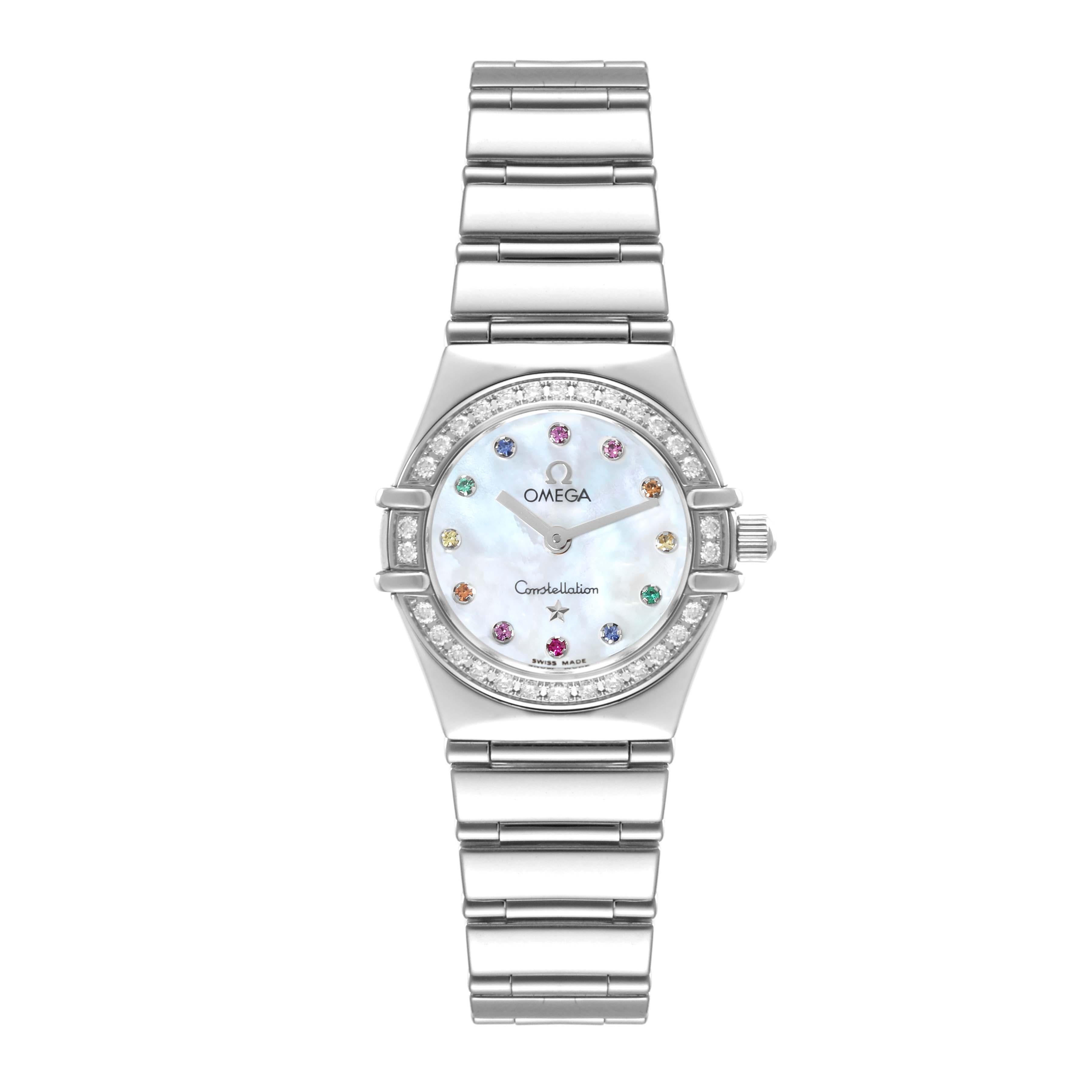 Omega Constellation Iris Mother Of Pearl Diamond Steel Ladies Watch 1465.79.00 Box Card. Quartz movement. Stainless steel round case 22.5 mm in diameter. Stainless steel bezel set with original Omega factory diamonds. Scratch resistant sapphire