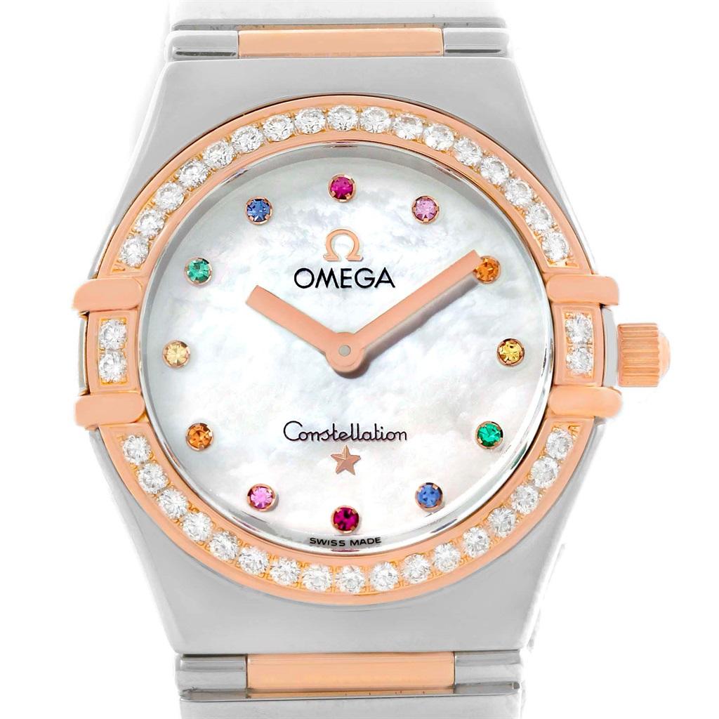 Omega Constellation Iris My Choice Steel Rose Gold Ladies Watch 1373.79. Quartz movement. Stainless steel and 18K rose gold round case 25.5 mm in diameter. 18K rose gold diamond bezel. Scratch resistant sapphire crystal. Mother-of-pearl dial with