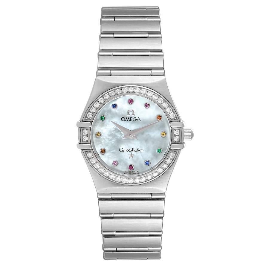 Omega Constellation Iris Rainbow Multi Stone Ladies Watch 1476.79.00 Box Card. Quartz movement. Stainless steel round case 25.5 mm in diameter. Stainless steel Diamond bezel. Scratch resistant sapphire crystal. Mother-of-pearl dial with multi stone