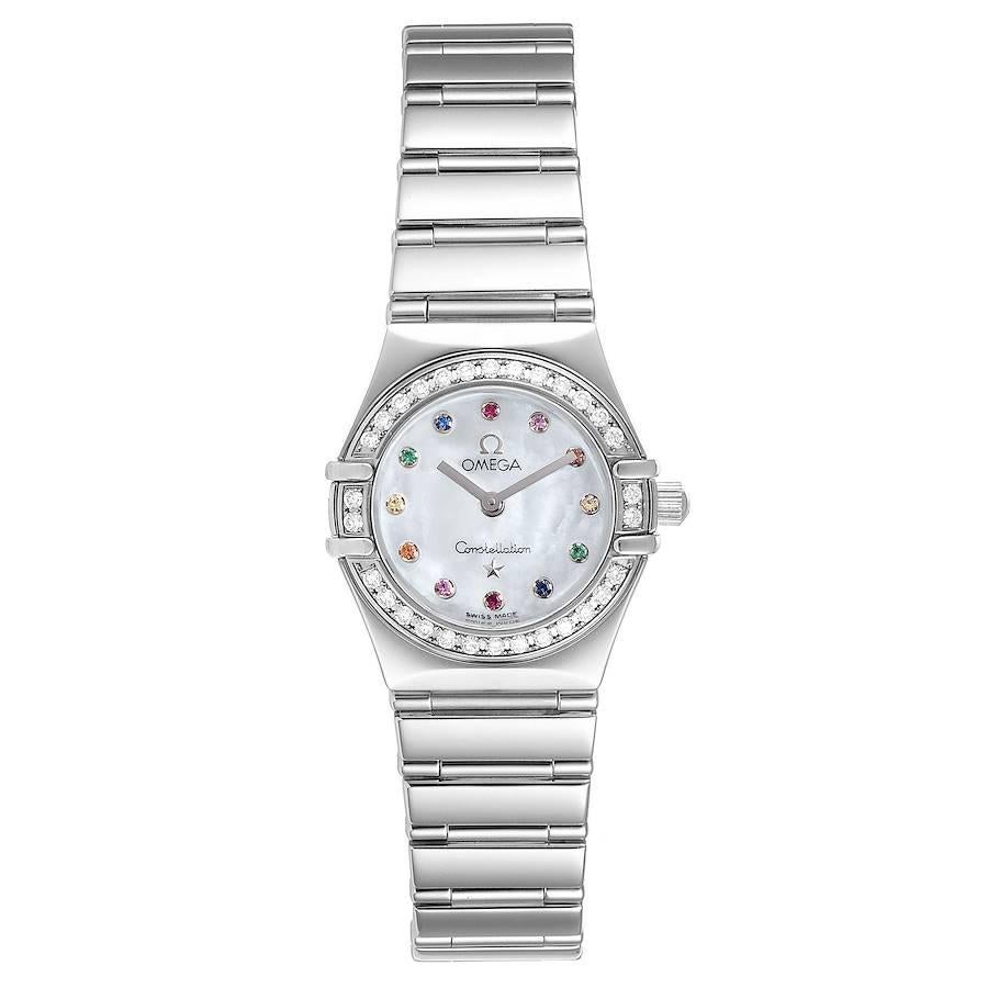 Omega Constellation Iris Rainbow Multi Stone Steel Ladies Watch 1476.79.00. Quartz movement. Stainless steel round case 25.5 mm in diameter. Stainless steel Diamond bezel. Scratch resistant sapphire crystal. Mother-of-pearl dial with multi stone