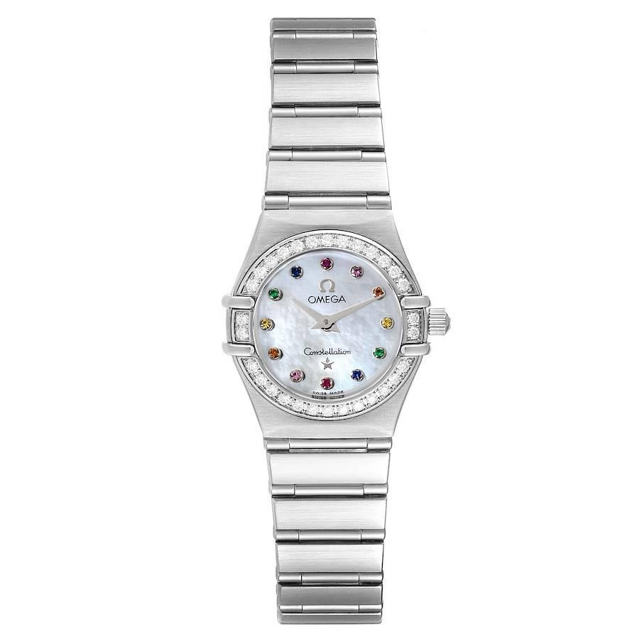 Omega Constellation Iris Steel Multi Stone Ladies Watch 1460.79.00 Box Card. Quartz movement. Stainless steel round case 22.5 mm in diameter. Original Omega factory diamond bezel. Scratch resistant sapphire crystal. Mother-of-pearl dial with multi