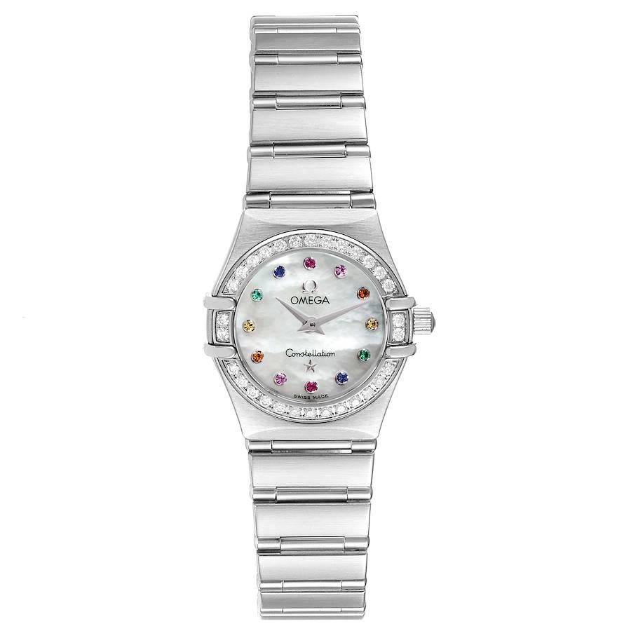 Omega Constellation Iris Steel Multi Stone Ladies Watch 1460.79.00. Quartz movement. Stainless steel round case 22.5 mm in diameter. Original Omega factory diamond bezel. Scratch resistant sapphire crystal. Mother-of-pearl dial with multi stone hour