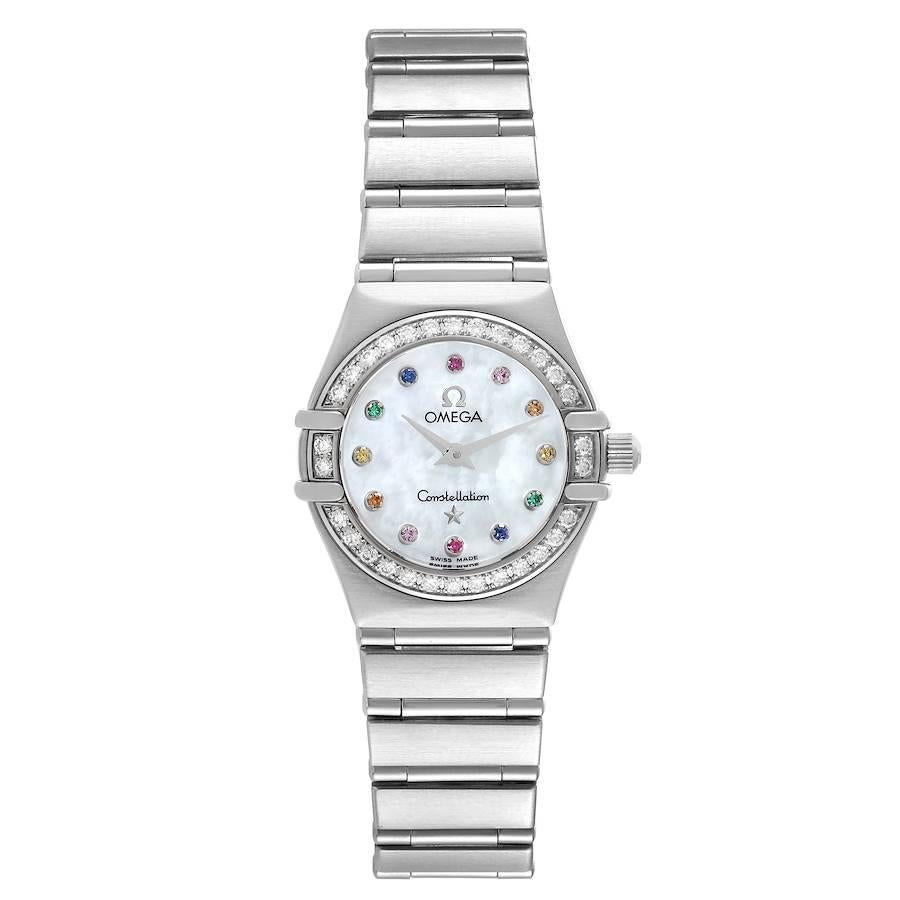 Omega Constellation Iris Steel Multi Stone Ladies Watch 1460.79.00. Quartz movement. Stainless steel round case 22.5 mm in diameter. Original Omega factory diamond bezel. Scratch resistant sapphire crystal. Mother-of-pearl dial with multi stone hour