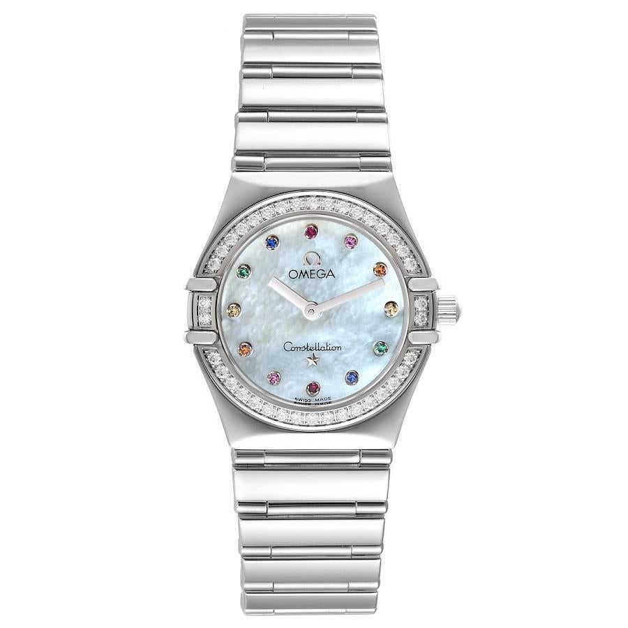 Omega Constellation Iris Steel Multi Stone Ladies Watch 1475.79.00. Quartz movement. Stainless steel round case 25.5 mm in diameter. Original Omega factory diamond bezel. Scratch resistant sapphire crystal. Mother-of-pearl dial with multi stone hour