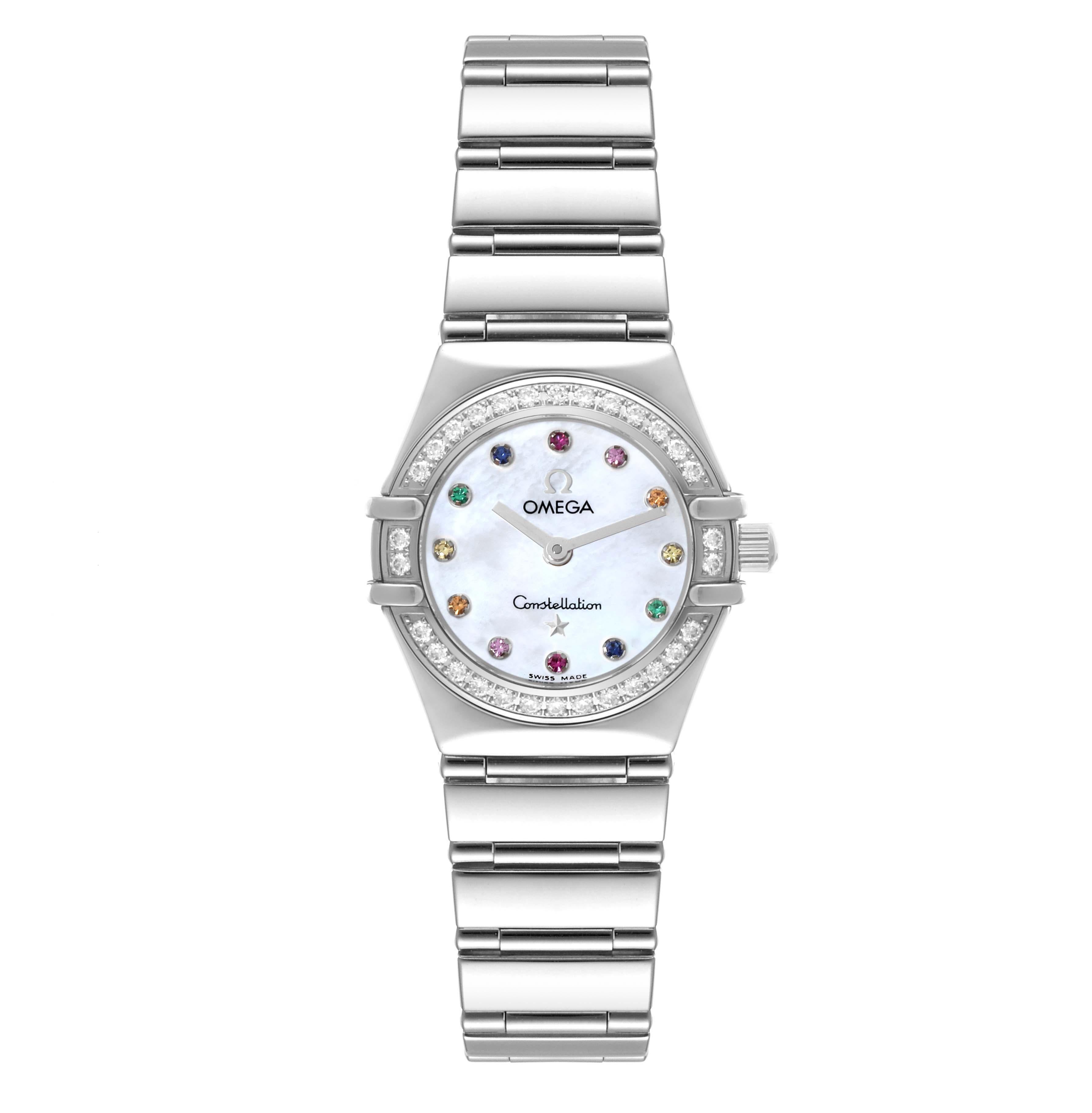 Omega Constellation Iris Steel Multi Stone Mother Of Pearl Dial Ladies Watch 1460.79.00. Quartz movement. Stainless steel round case 22.5 mm in diameter. Original Omega factory diamond bezel. Scratch resistant sapphire crystal. Mother-of-pearl dial