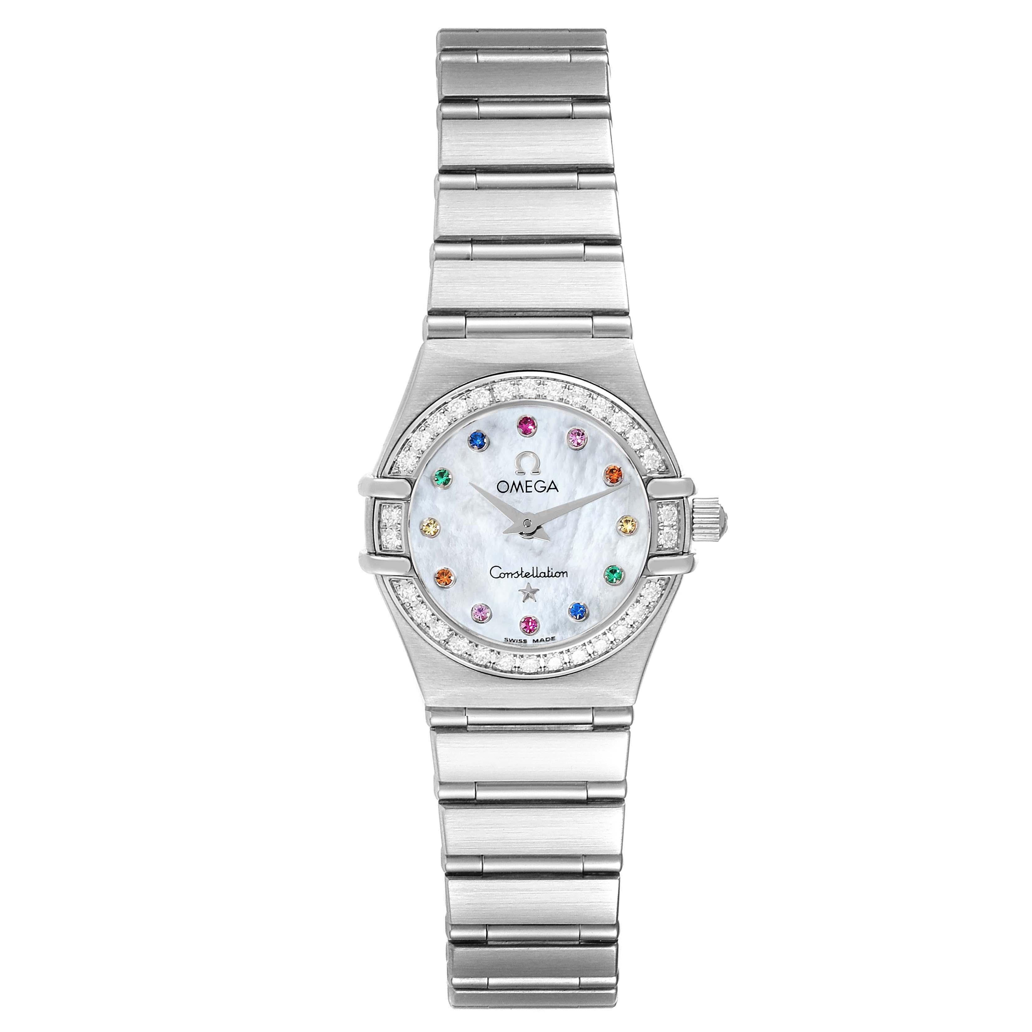 Omega Constellation Iris Steel Multi Stone Mother of Pearl Diamond Ladies Watch 1460.79.00. Quartz movement. Stainless steel round case 22.5 mm in diameter. Original Omega factory diamond bezel. Scratch resistant sapphire crystal. Mother-of-pearl